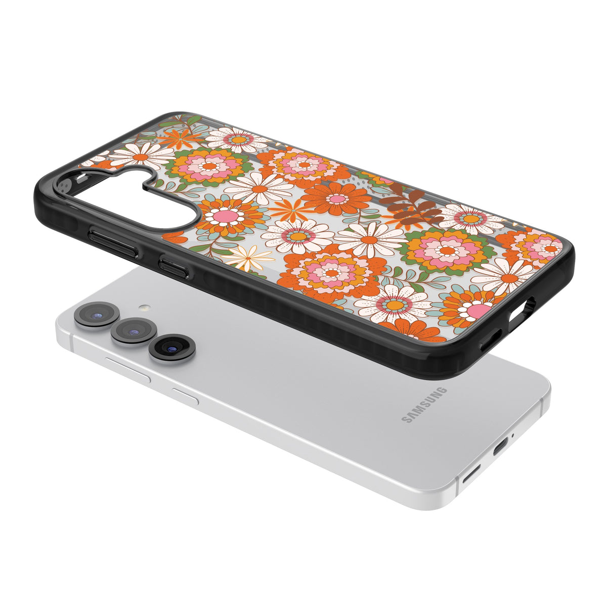 Seventies Bloom Samsung S25 / Samsung S25 Plus / Samsung S26 / Samsung S26 Plus Impact Black Phone Case angled