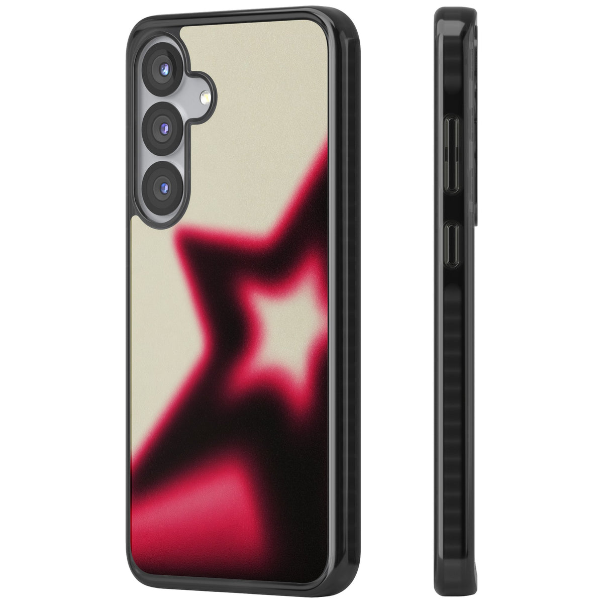 Rouge Y2K iPhone case featuring a blurred aura star in hot pink and black on a soft cream background Samsung S25 / Samsung S25 Plus / Samsung S26 / Samsung S26 Plus Impact Black Phone Case side