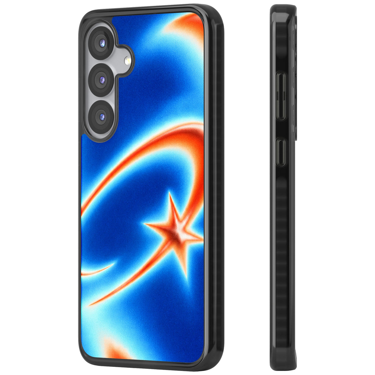 Starburn Y2K iPhone case featuring a glowing orange shooting star, sweeping comet trail and cobalt blue aura gradient Samsung S25 / Samsung S25 Plus / Samsung S26 / Samsung S26 Plus Impact Black Phone Case side