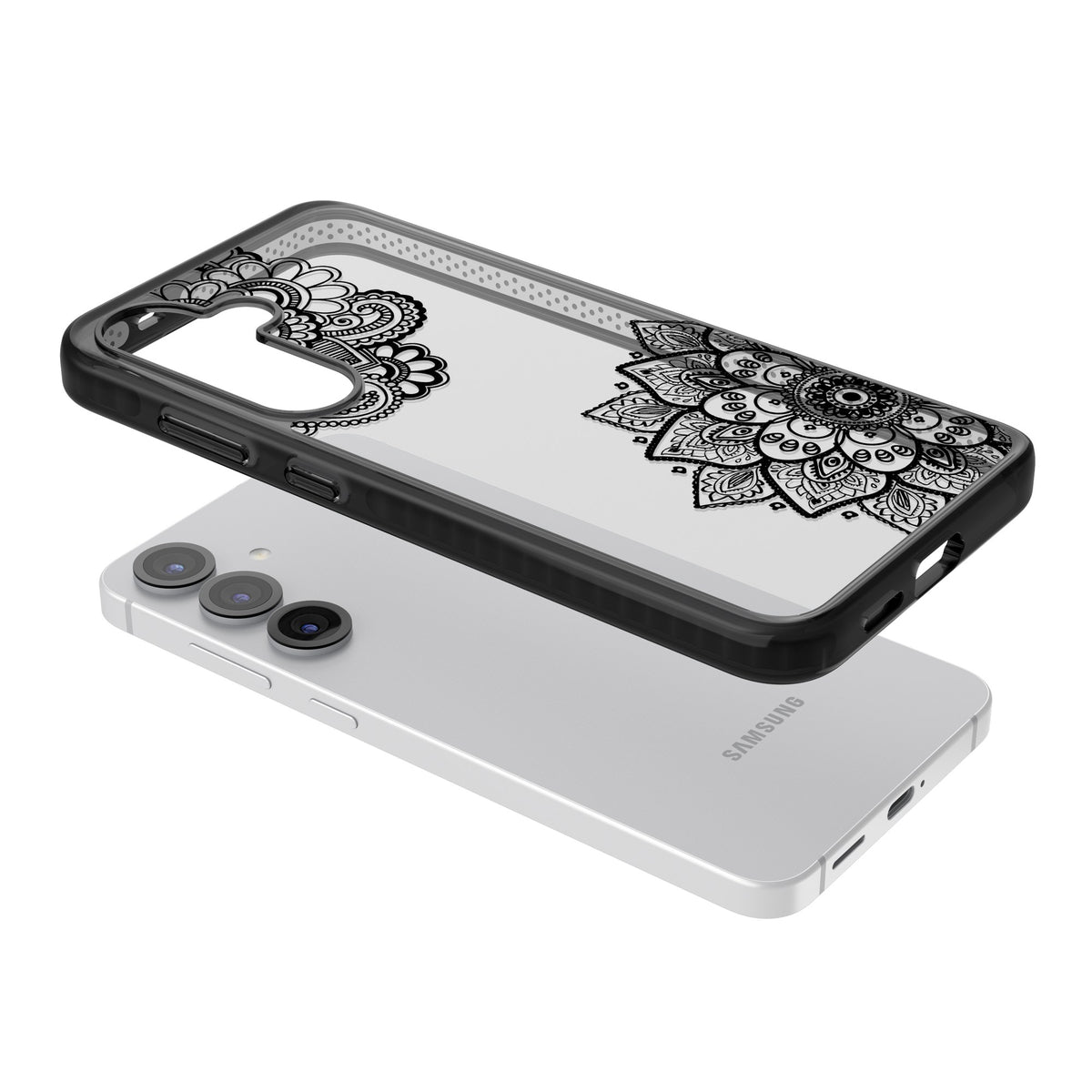 Black Henna Florals Samsung S25 / Samsung S25 Plus / Samsung S26 / Samsung S26 Plus Impact Black Phone Case angled