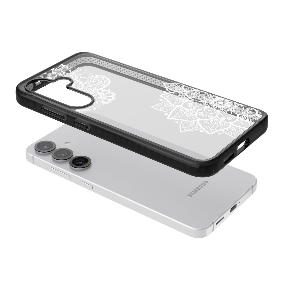 White Henna Florals Samsung S25 / Samsung S25 Plus / Samsung S26 / Samsung S26 Plus Impact Black Phone Case angled