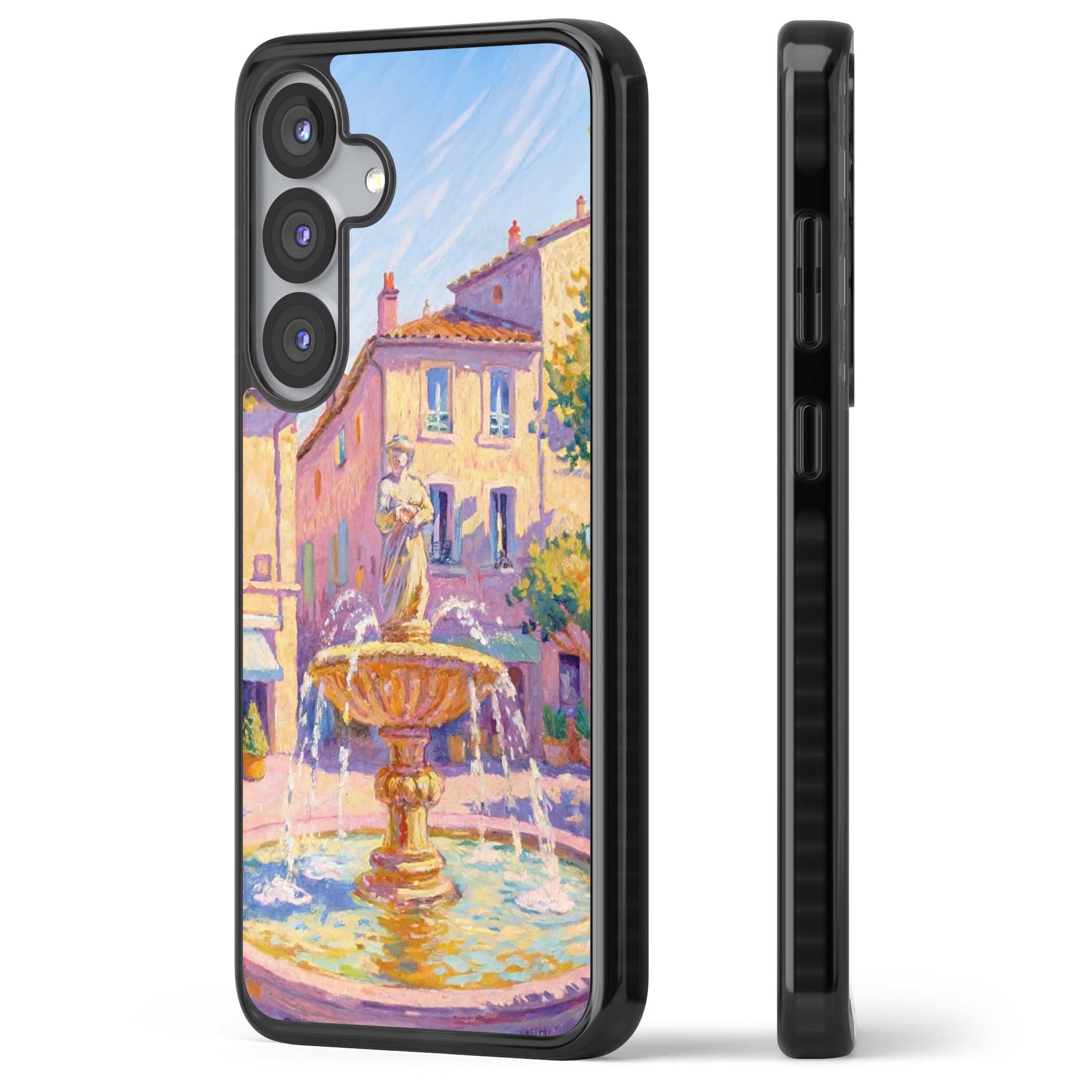 Fountain Square fine art iPhone case featuring an impressionist Provençal fountain, pastel village buildings and summe | Black Impact case for Samsung Galaxy S25, Samsung Galaxy S25 Plus