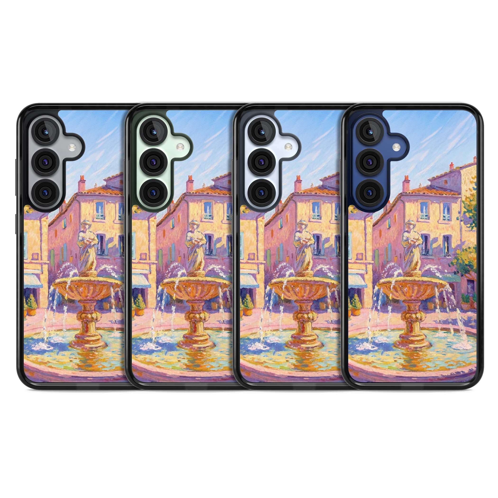 Fountain Square fine art iPhone case featuring an impressionist Provençal fountain, pastel village buildings and summe | Black Impact case for Samsung Galaxy S25, Samsung Galaxy S25 Plus