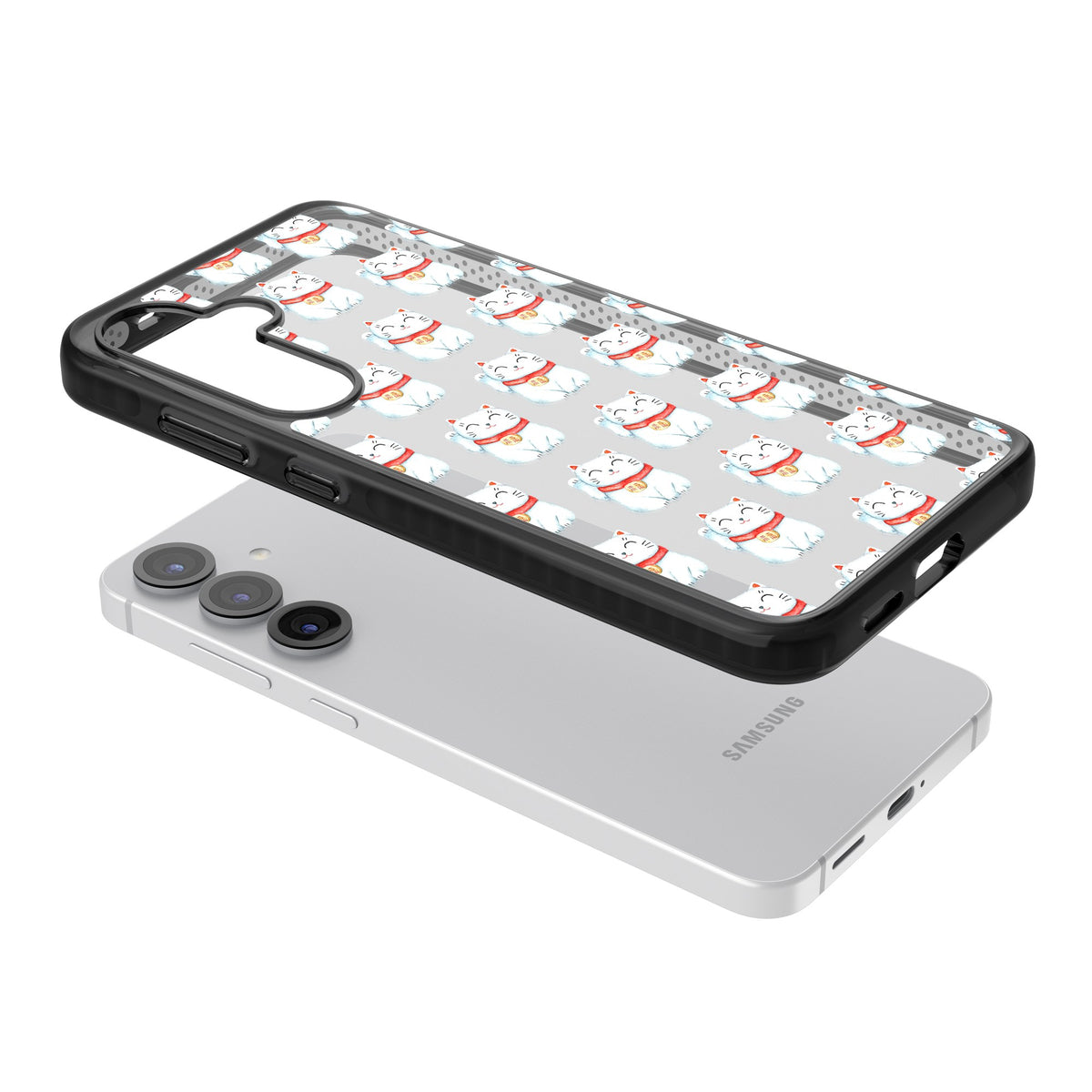 Lucky Cat Pattern Samsung S25 / Samsung S25 Plus / Samsung S26 / Samsung S26 Plus Impact Black Phone Case angled