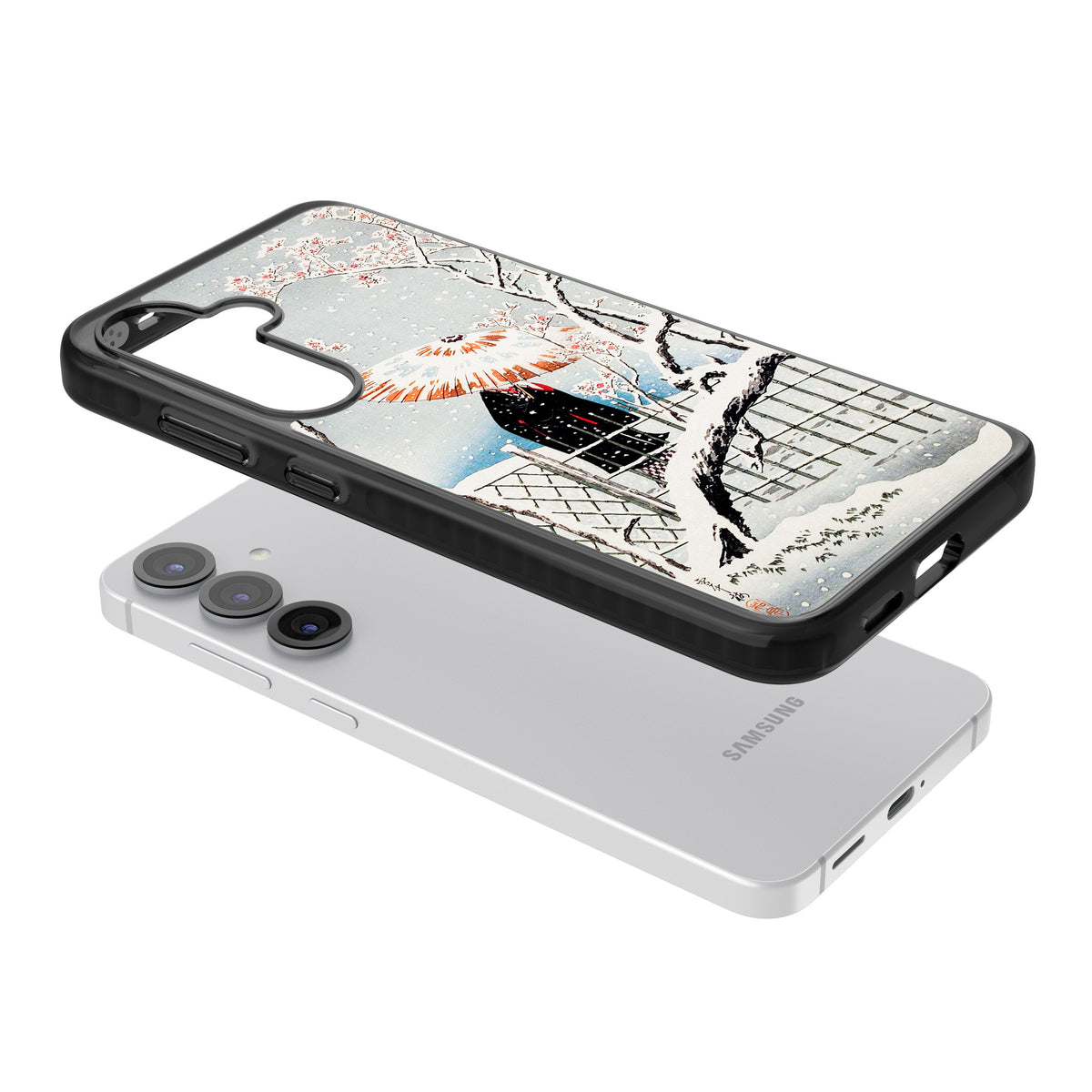 Plum Tree In Snow By Hiroaki Takahashi Samsung S25 / Samsung S25 Plus / Samsung S26 / Samsung S26 Plus Impact Black Phone Case angled