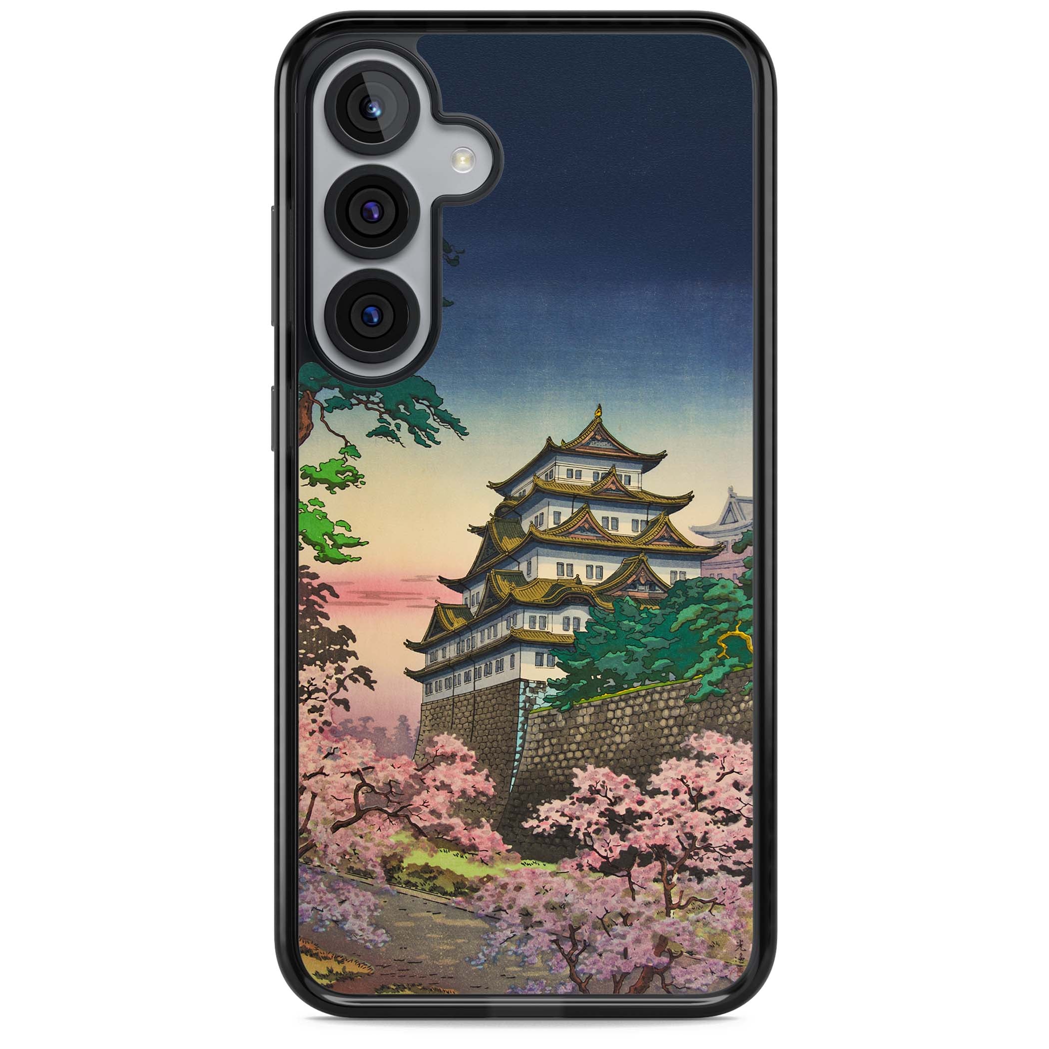 Nagoya Castle Japanese iPhone case featuring a vintage pagoda, twilight sky and cherry blossom trees | Black Impact case for Samsung Galaxy S25, Samsung Galaxy S25 Plus
