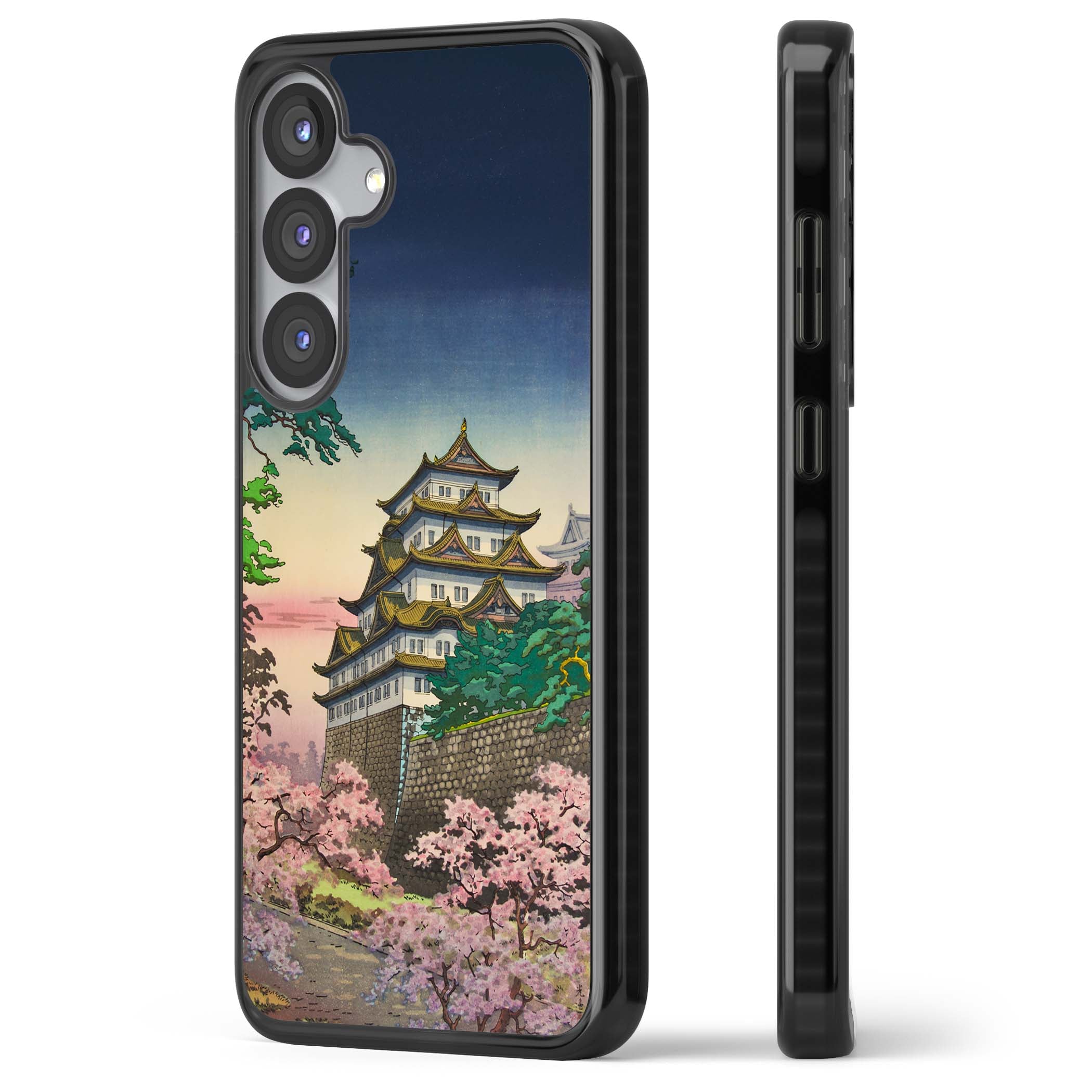 Nagoya Castle Japanese iPhone case featuring a vintage pagoda, twilight sky and cherry blossom trees | Black Impact case for Samsung Galaxy S25, Samsung Galaxy S25 Plus