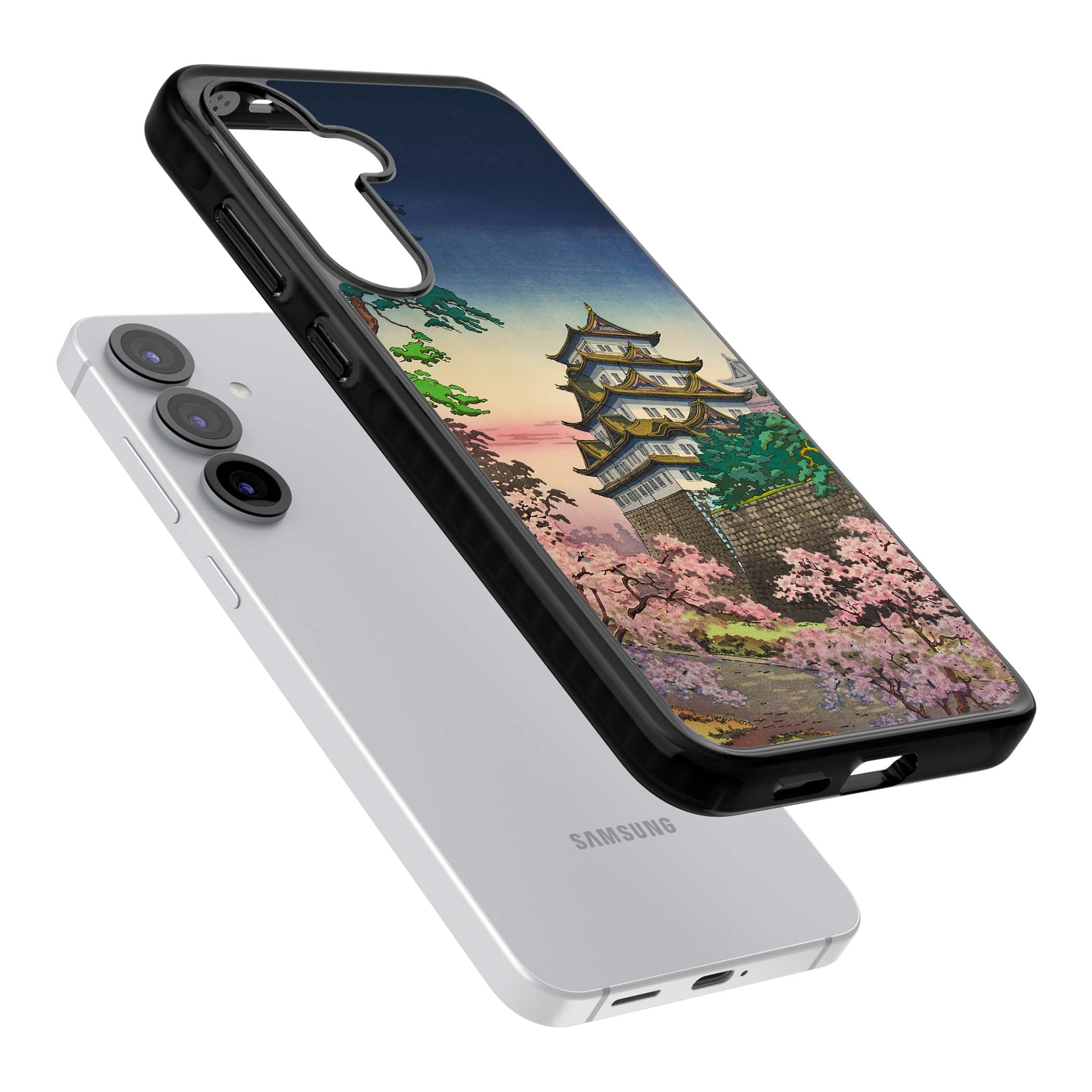 Nagoya Castle Japanese iPhone case featuring a vintage pagoda, twilight sky and cherry blossom trees | Black Impact case for Samsung Galaxy S25, Samsung Galaxy S25 Plus