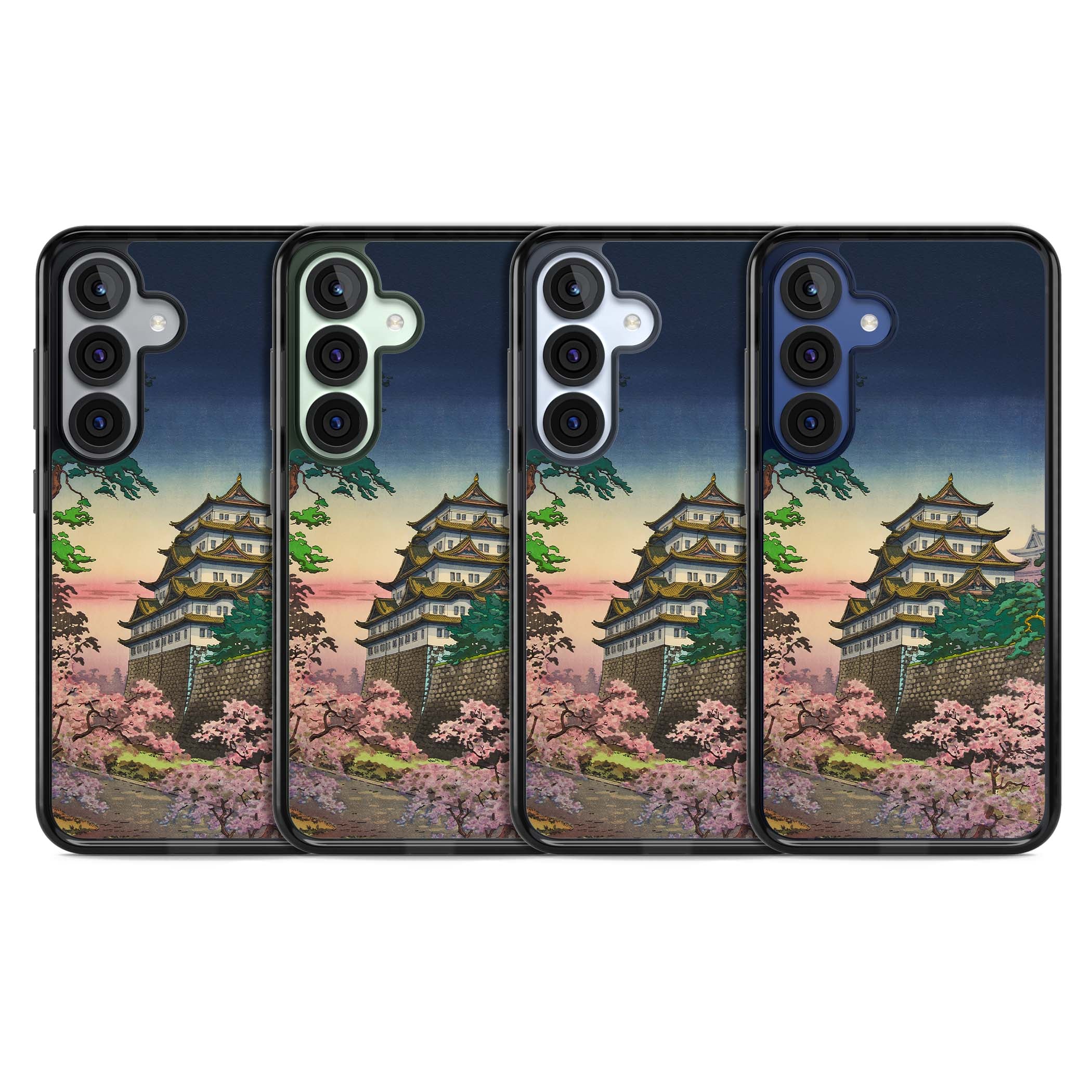 Nagoya Castle Japanese iPhone case featuring a vintage pagoda, twilight sky and cherry blossom trees | Black Impact case for Samsung Galaxy S25, Samsung Galaxy S25 Plus