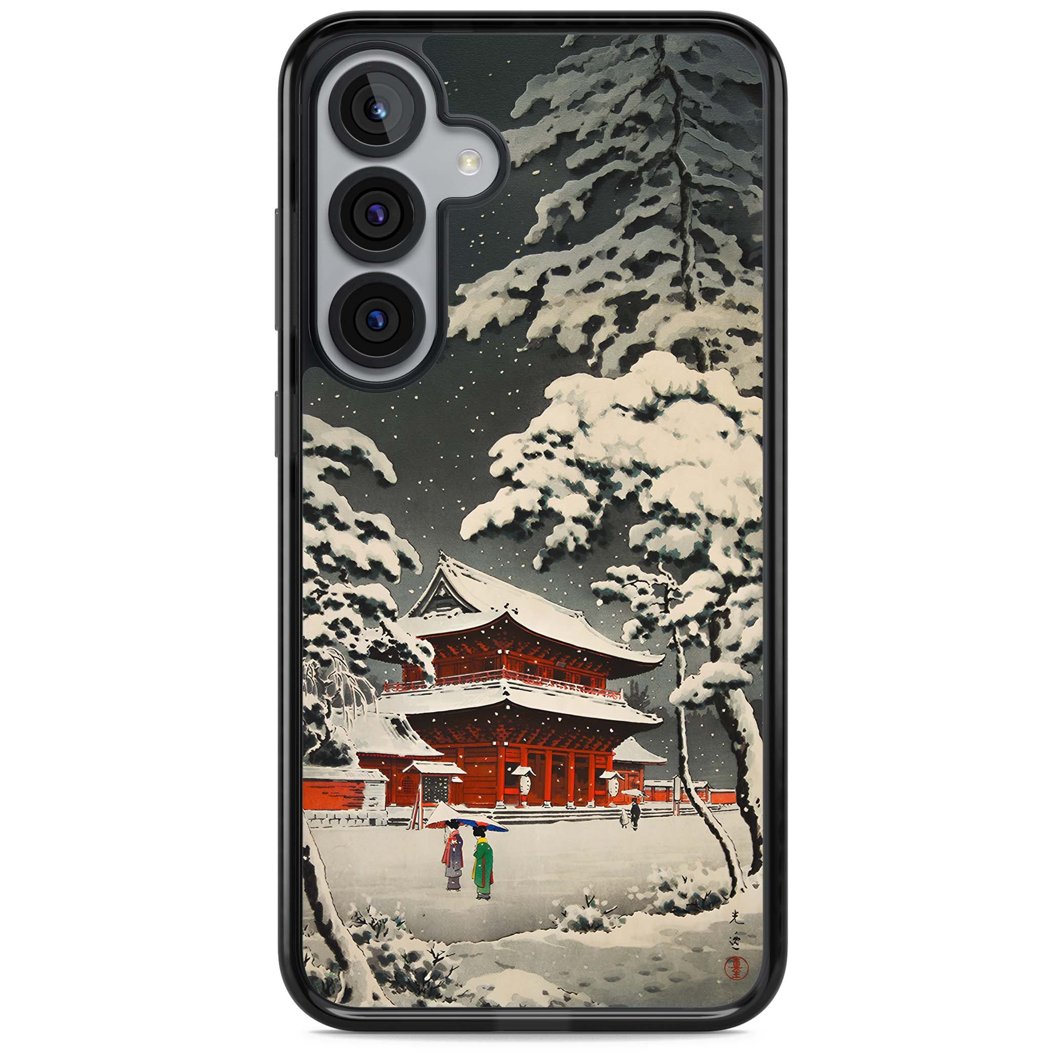 Snow at Shiha Park, Tokyo Japanese art iPhone case featuring a vintage ukiyo-e snowy temple, red pagoda, and snow-covered pin | Black Impact case for Samsung Galaxy S25, Samsung Galaxy S25 Plus