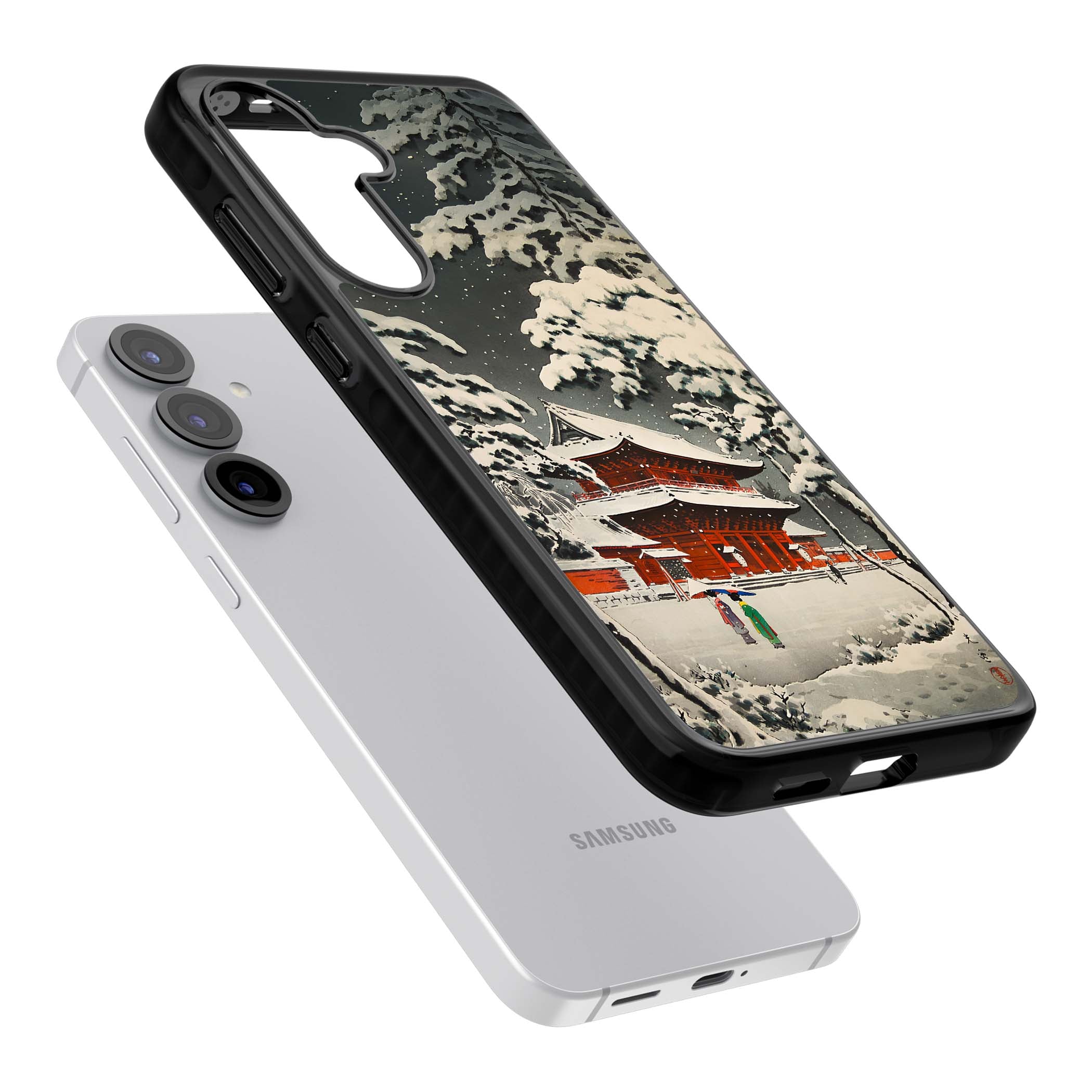 Snow at Shiha Park, Tokyo Japanese art iPhone case featuring a vintage ukiyo-e snowy temple, red pagoda, and snow-covered pin | Black Impact case for Samsung Galaxy S25, Samsung Galaxy S25 Plus