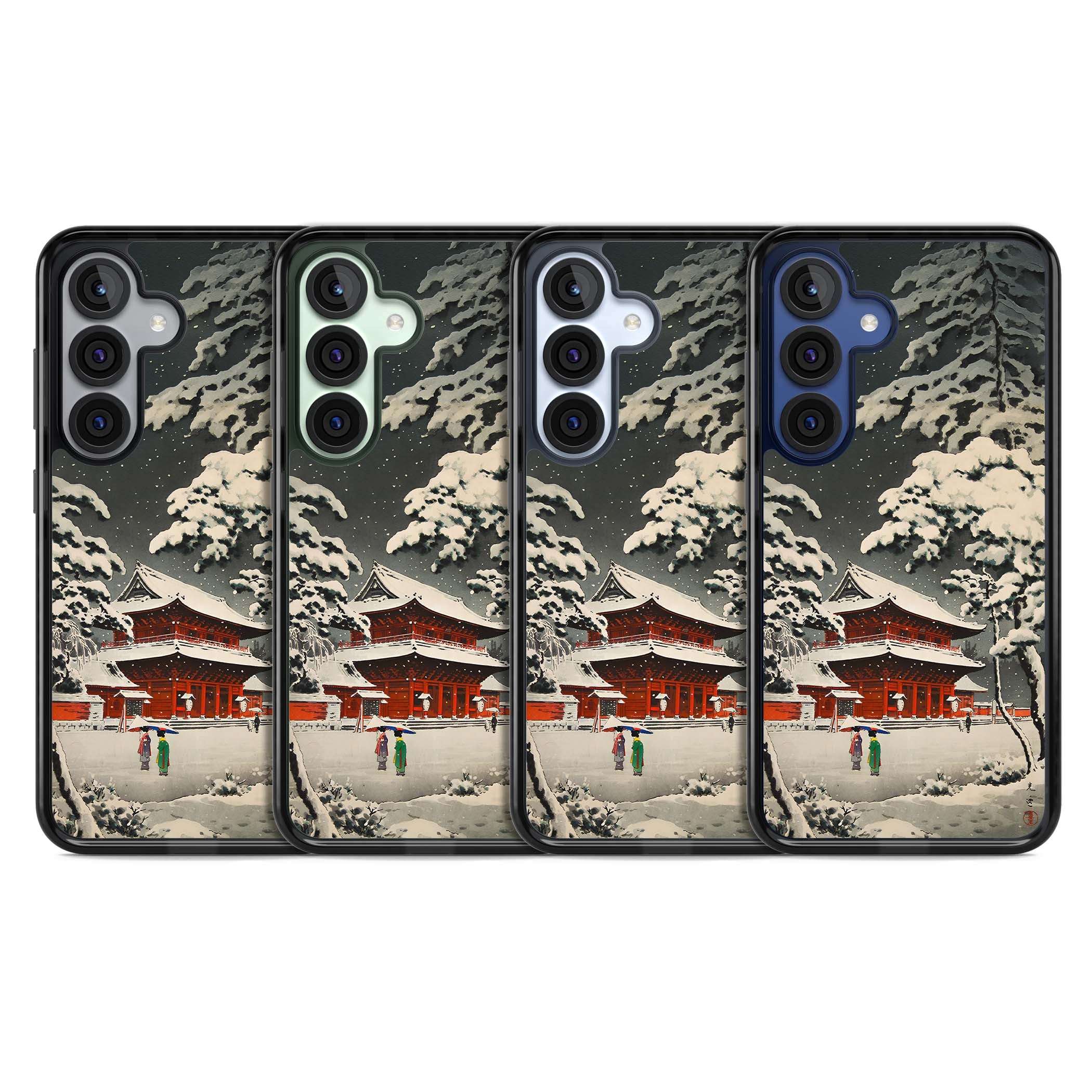 Snow at Shiha Park, Tokyo Japanese art iPhone case featuring a vintage ukiyo-e snowy temple, red pagoda, and snow-covered pin | Black Impact case for Samsung Galaxy S25, Samsung Galaxy S25 Plus