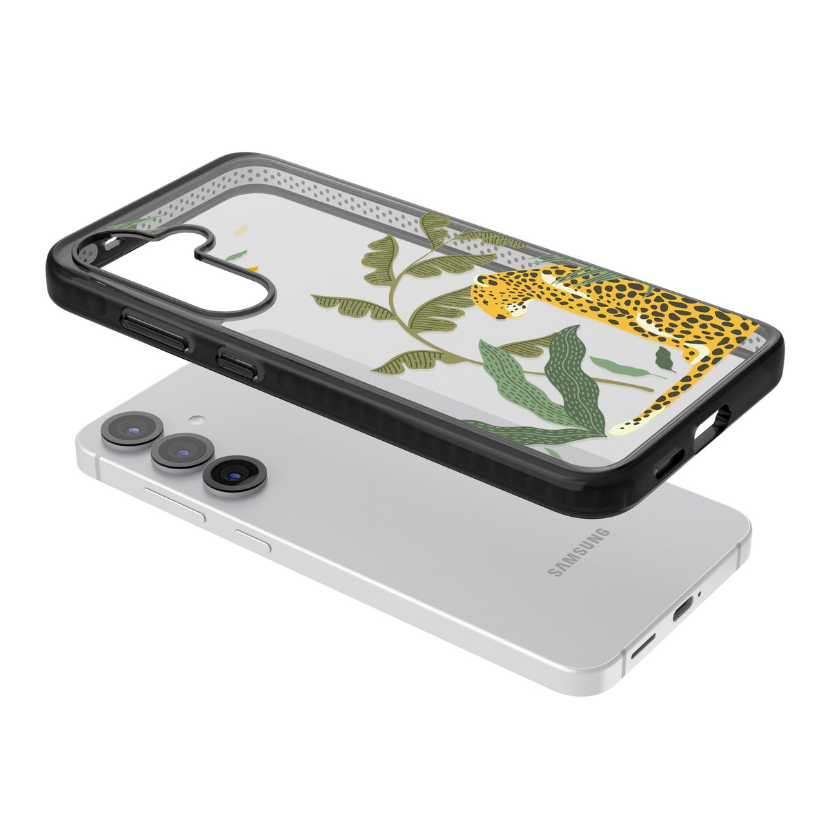 Large Jungle Cat Pattern Samsung S25 / Samsung S25 Plus / Samsung S26 / Samsung S26 Plus Impact Black Phone Case angled