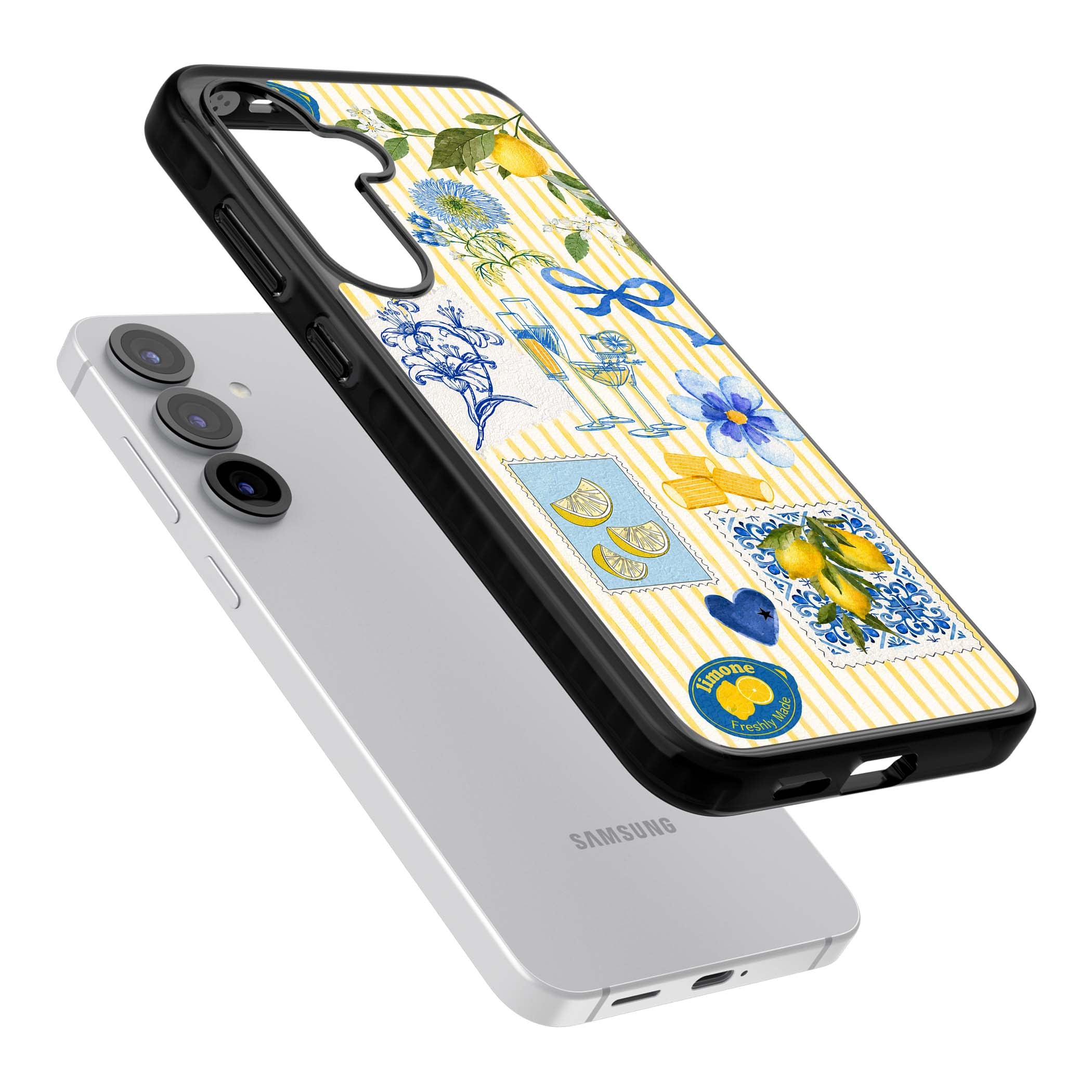 Limone Riviera Italian summer iPhone case featuring watercolour lemons, blue ribbon bows and majolica tile stamps on... | Black Impact case for Samsung Galaxy S25, Samsung Galaxy S25 Plus