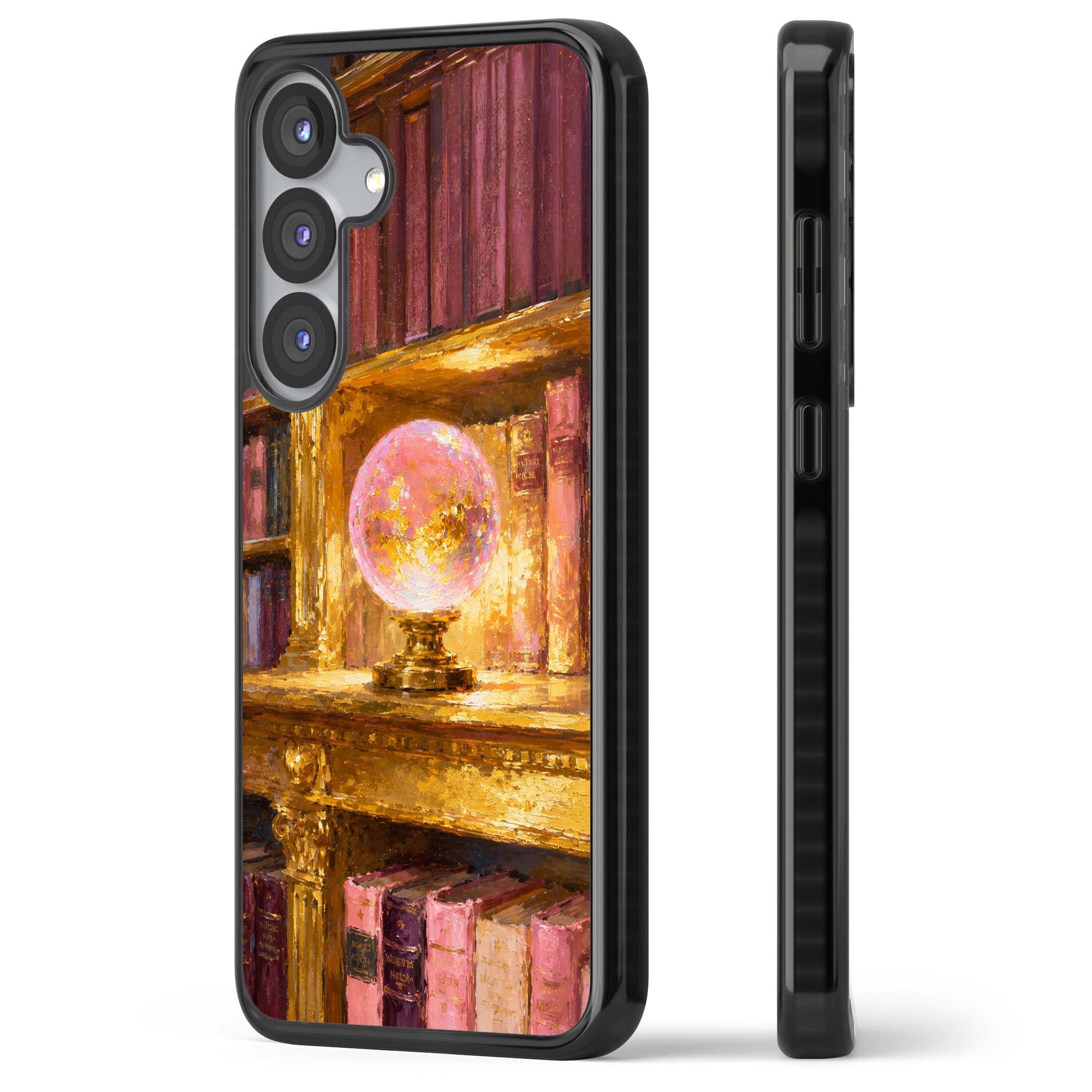 Gilded Library dark academia iPhone case featuring an oil painted crystal ball on a gilded library shelf with vintage | Black Impact case for Samsung Galaxy S25, Samsung Galaxy S25 Plus