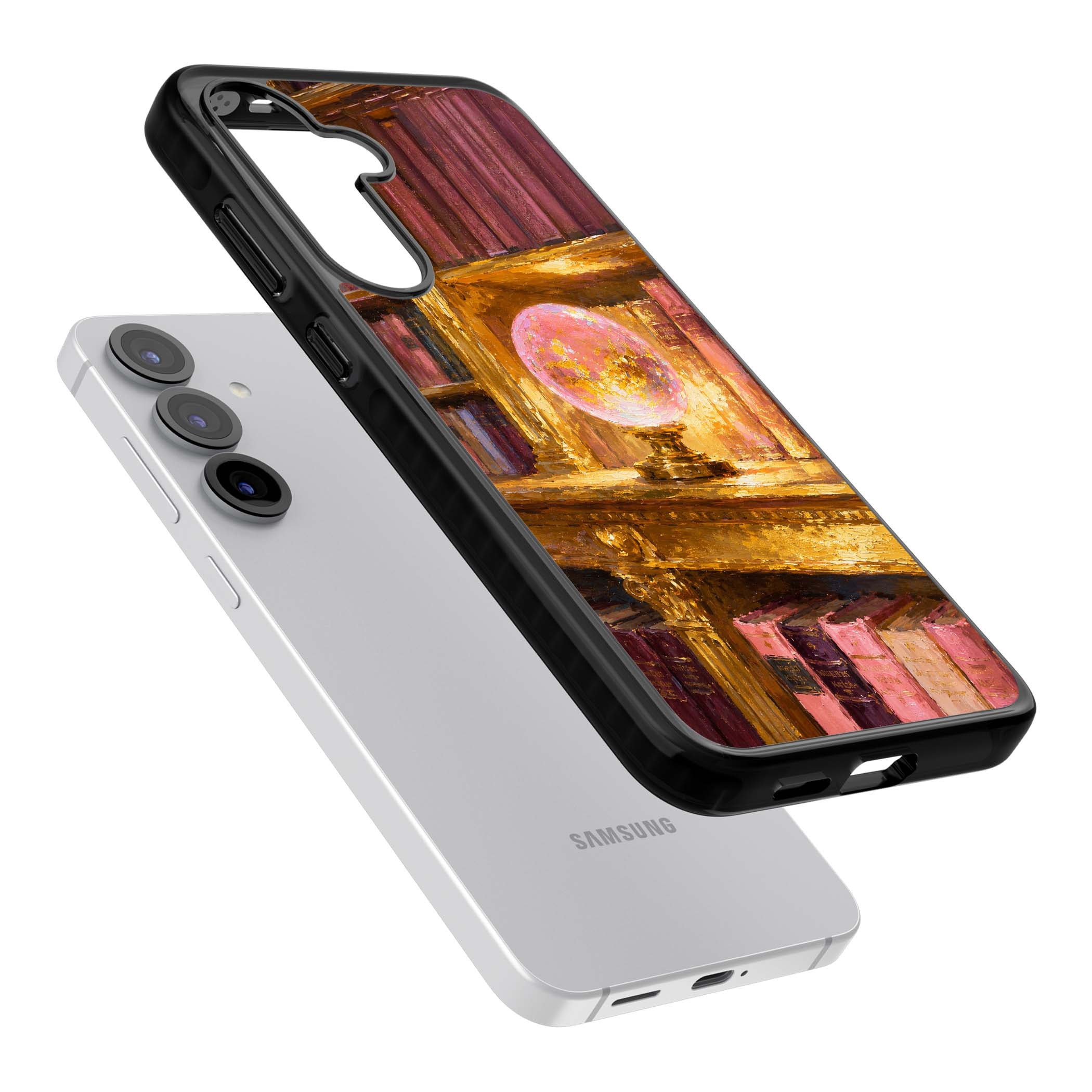 Gilded Library dark academia iPhone case featuring an oil painted crystal ball on a gilded library shelf with vintage | Black Impact case for Samsung Galaxy S25, Samsung Galaxy S25 Plus