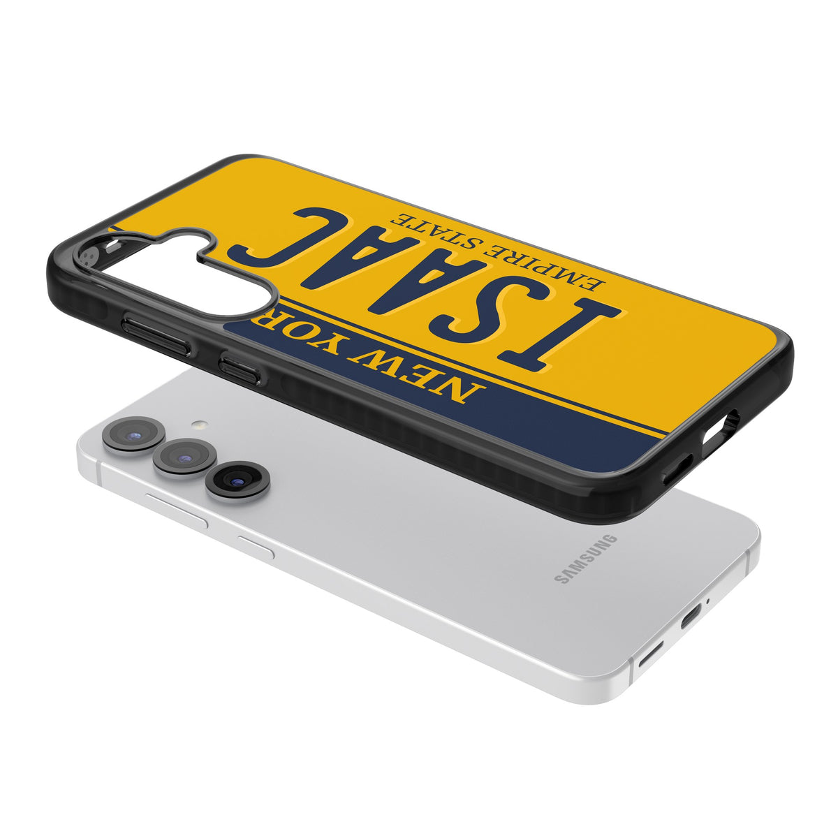 Personalised New York License Plate Samsung S25 / Samsung S25 Plus / Samsung S26 / Samsung S26 Plus Impact Black Phone Case angled