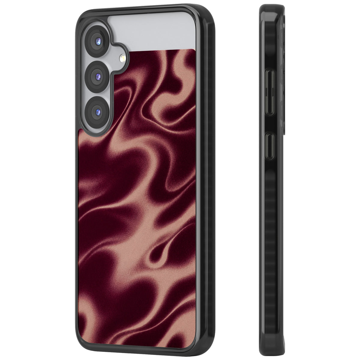 Merlot Sand abstract iPhone case featuring burgundy liquid satin waves, rose-gold highlights and silky folds Samsung S25 / Samsung S25 Plus / Samsung S26 / Samsung S26 Plus Impact Black Phone Case side