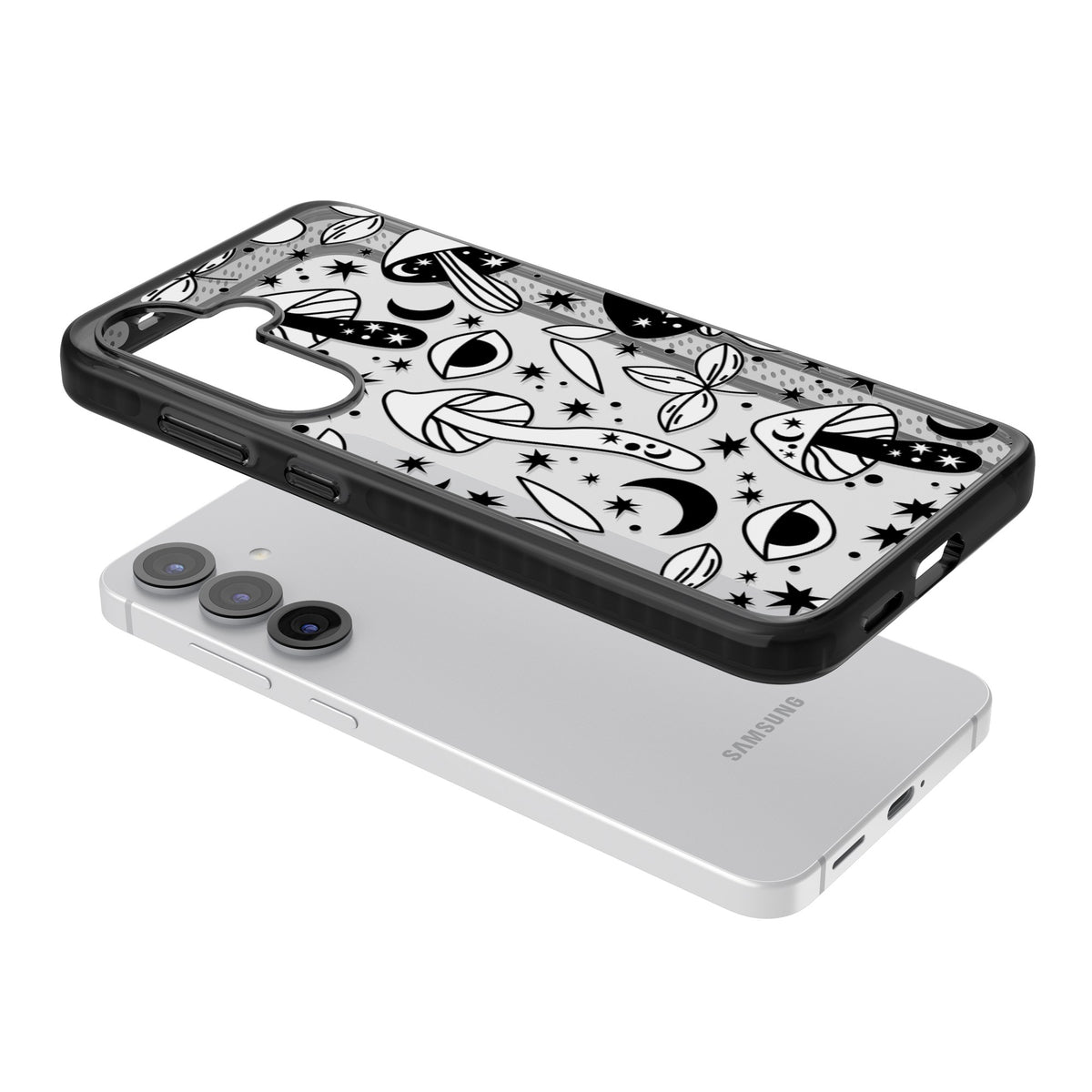 Mystic Mushrooms Pattern Samsung S25 / Samsung S25 Plus / Samsung S26 / Samsung S26 Plus Impact Black Phone Case angled