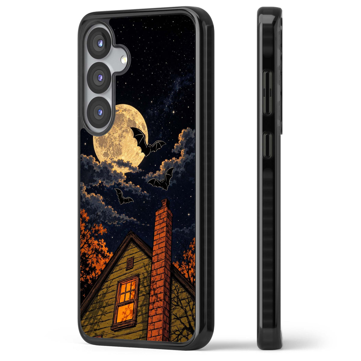 Hollows Eve Halloween iPhone case featuring a haunted house, full moon and flying bats against a starry autumn sky | Black Impact case for Samsung Galaxy S25, Samsung Galaxy S25 Plus