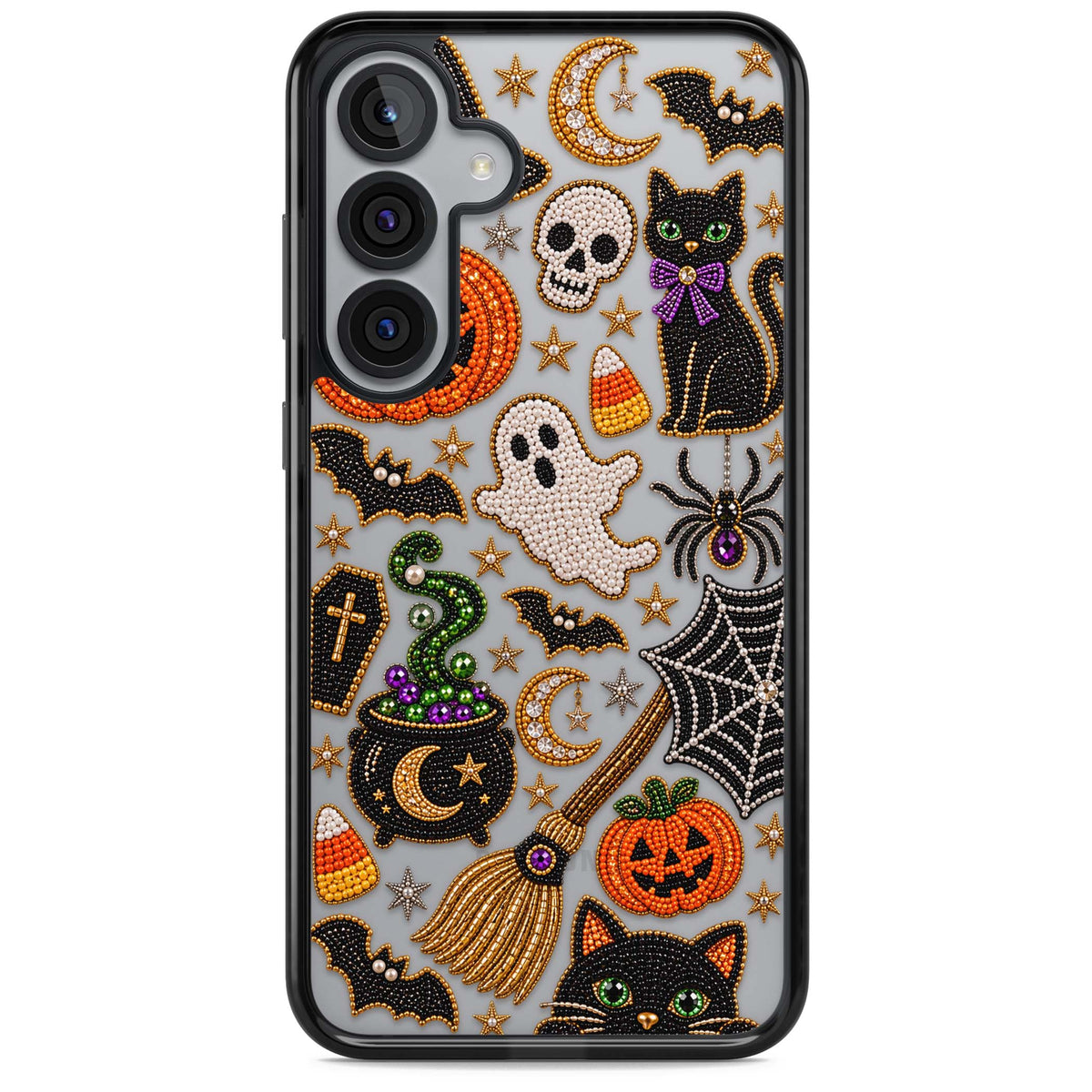 Beaded Halloween Halloween iPhone case featuring beaded pumpkins, ghosts, black cats and bats | Black Impact case for Samsung Galaxy S25, Samsung Galaxy S25 Plus