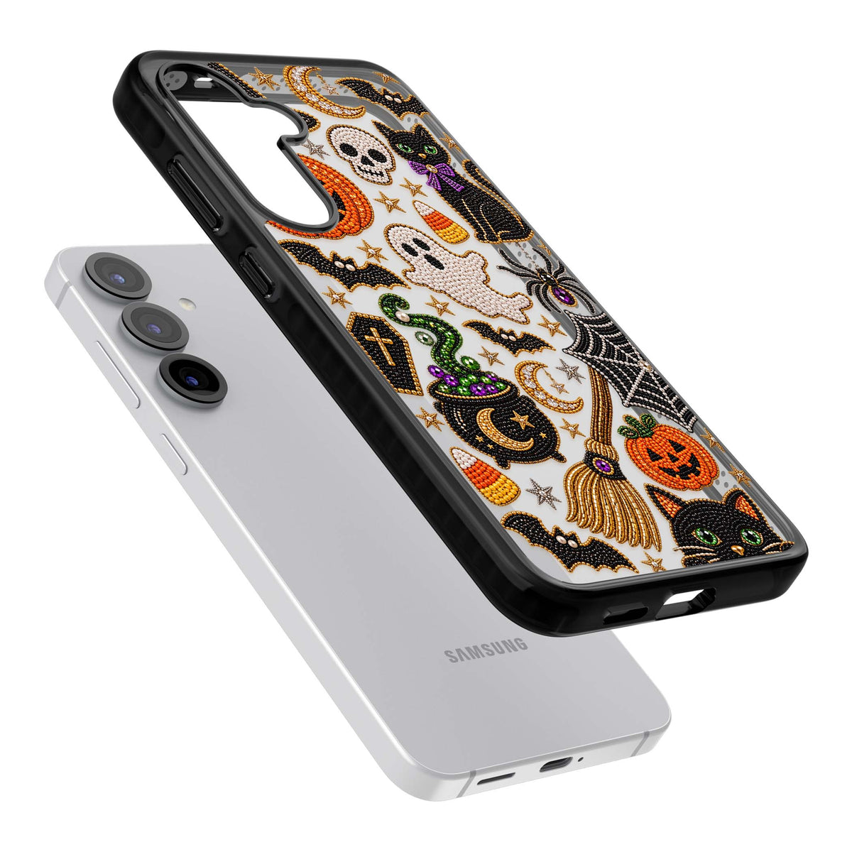 Beaded Halloween Halloween iPhone case featuring beaded pumpkins, ghosts, black cats and bats | Black Impact case for Samsung Galaxy S25, Samsung Galaxy S25 Plus