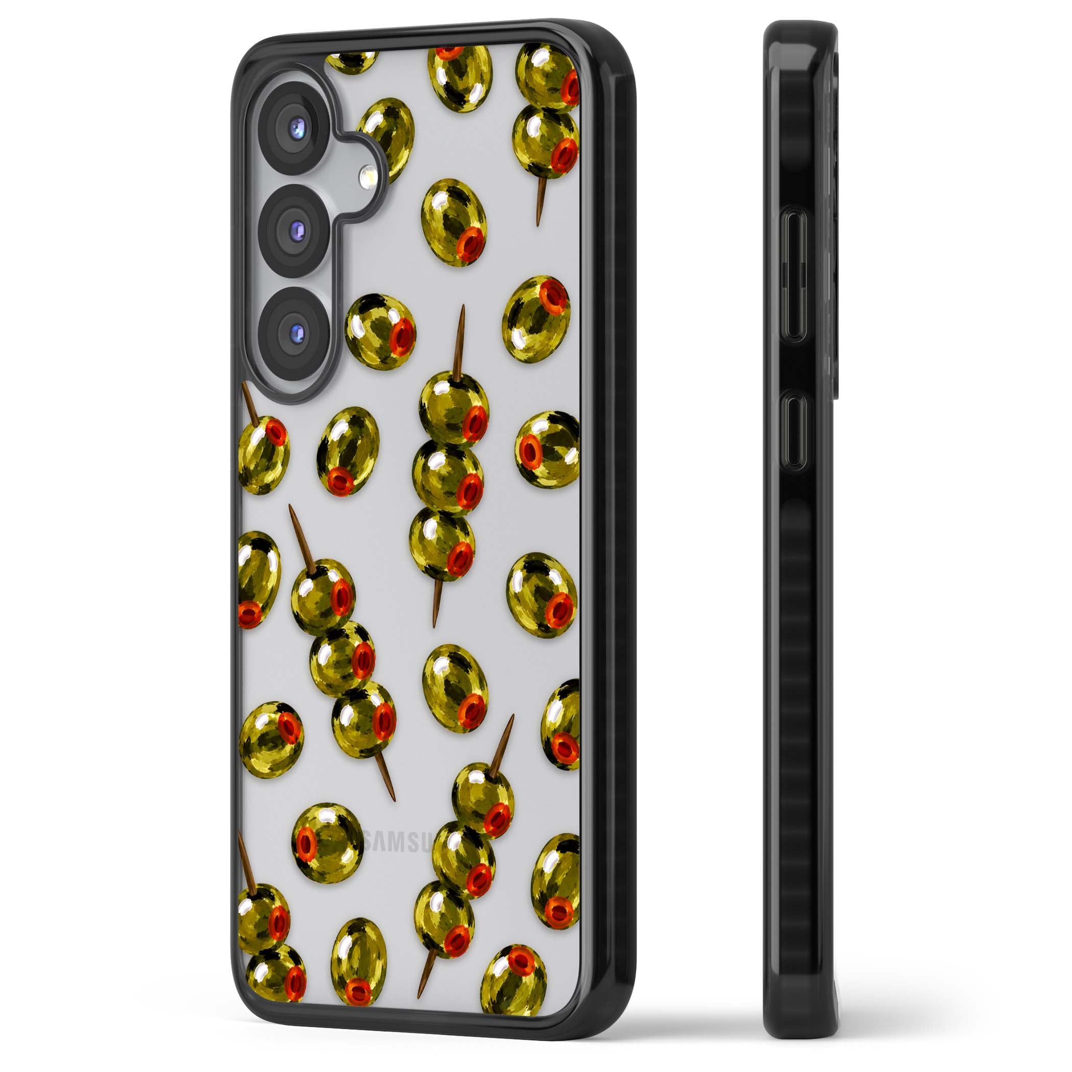 Painted Olives cocktail iPhone case featuring green olives, pimento centres and toothpick skewers on a clear background | Black Impact case for Samsung Galaxy S25, Samsung Galaxy S25 Plus