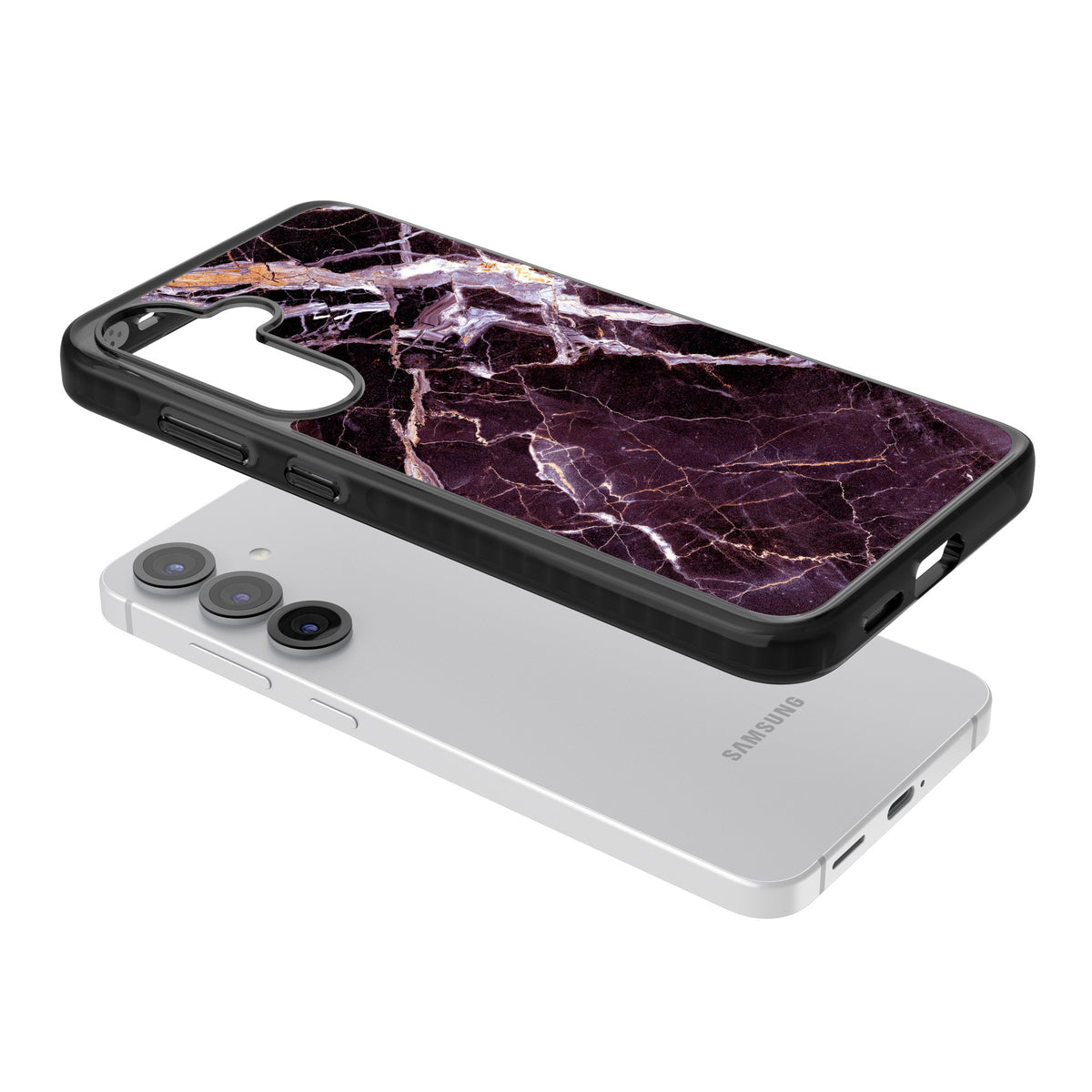 Violet Shatter Marble Samsung S25 / Samsung S25 Plus / Samsung S26 / Samsung S26 Plus Impact Black Phone Case angled