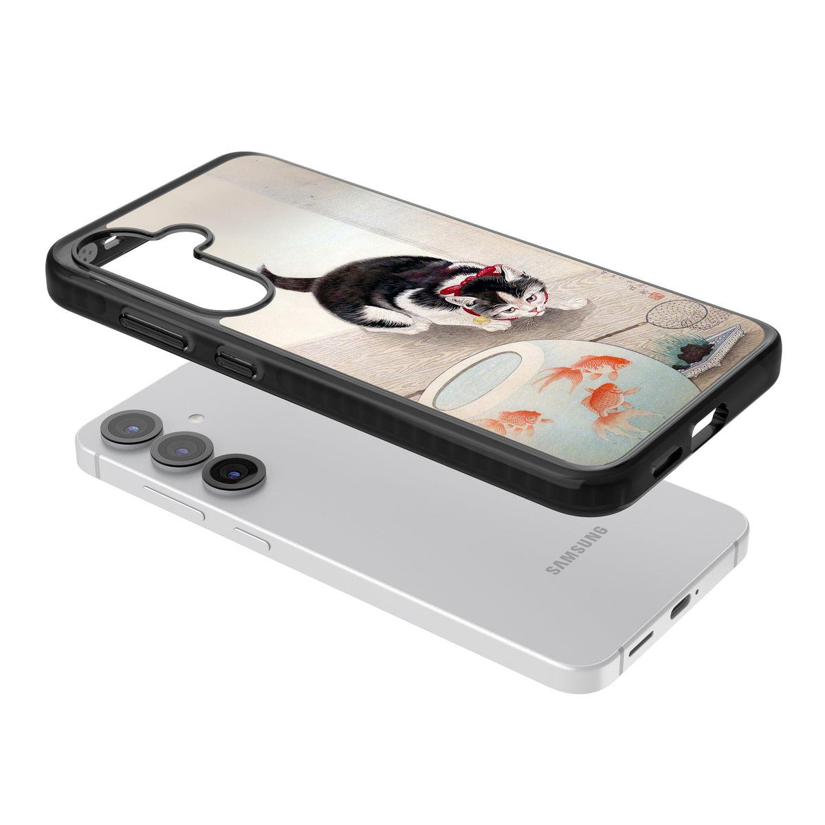 Cat & Goldfish Bowl Samsung S25 / Samsung S25 Plus / Samsung S26 / Samsung S26 Plus Impact Black Phone Case angled