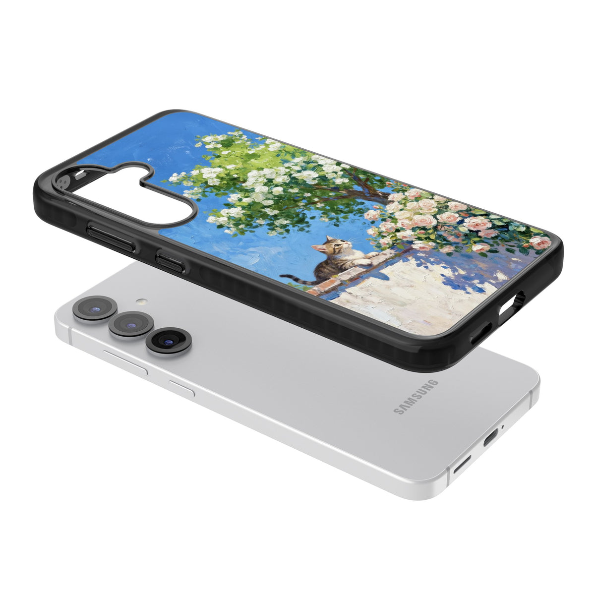 Kitten in Blooming Garden Samsung S25 / Samsung S25 Plus / Samsung S26 / Samsung S26 Plus Impact Black Phone Case angled