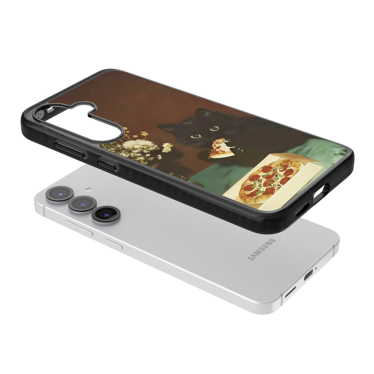 Late Night Snack Cat Samsung S25 / Samsung S25 Plus / Samsung S26 / Samsung S26 Plus Impact Black Phone Case angled