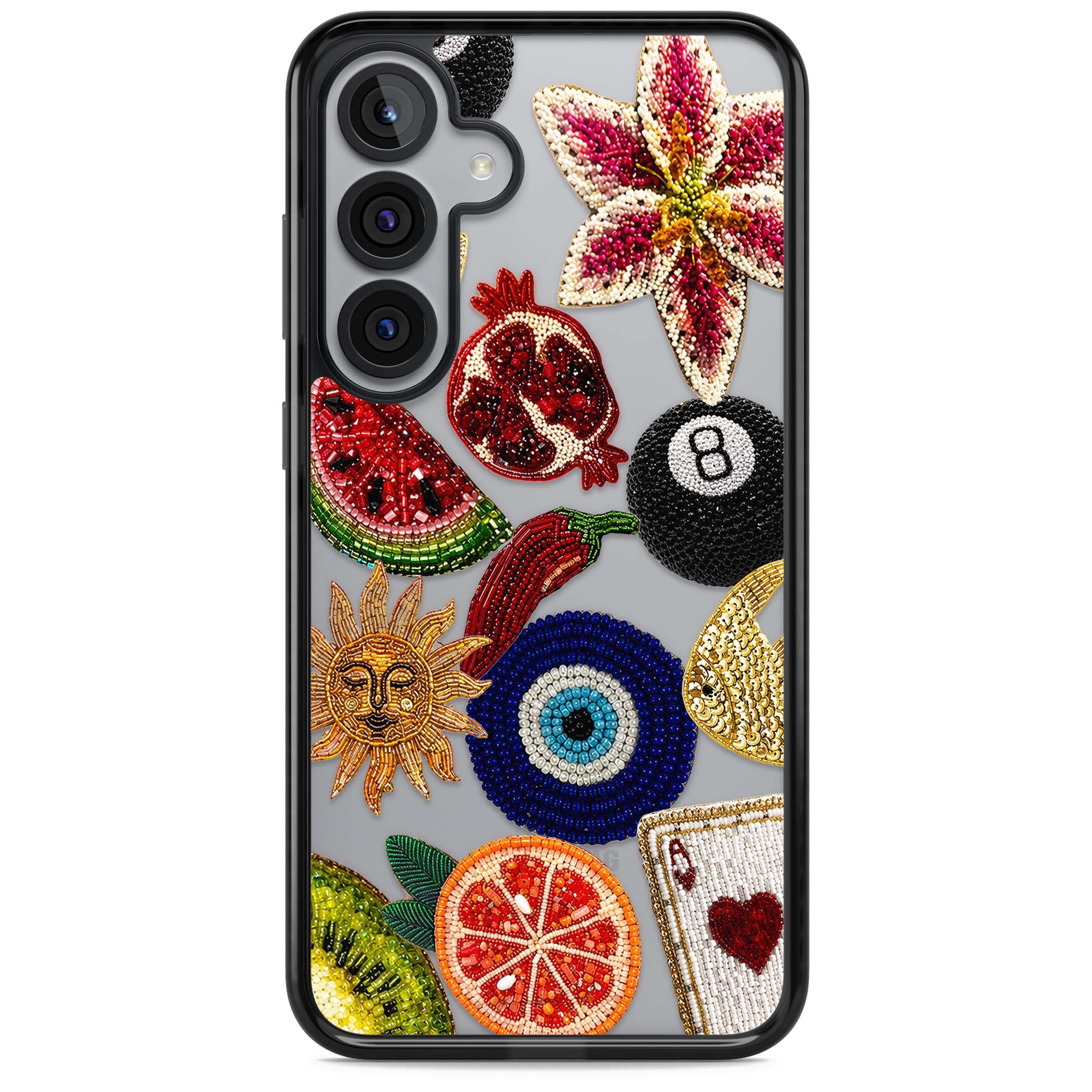 Beaded Charms embroidery iPhone case featuring beaded evil eye, fruit patches and a golden sun motif | Black Impact case for Samsung Galaxy S25, Samsung Galaxy S25 Plus