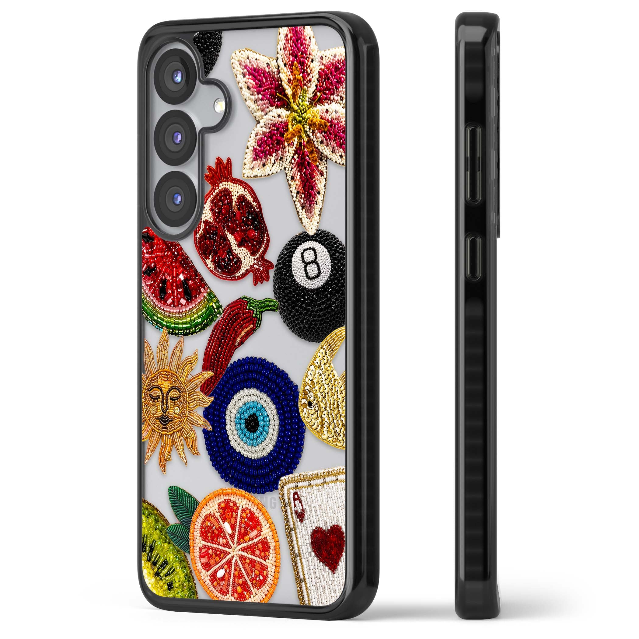 Beaded Charms embroidery iPhone case featuring beaded evil eye, fruit patches and a golden sun motif | Black Impact case for Samsung Galaxy S25, Samsung Galaxy S25 Plus