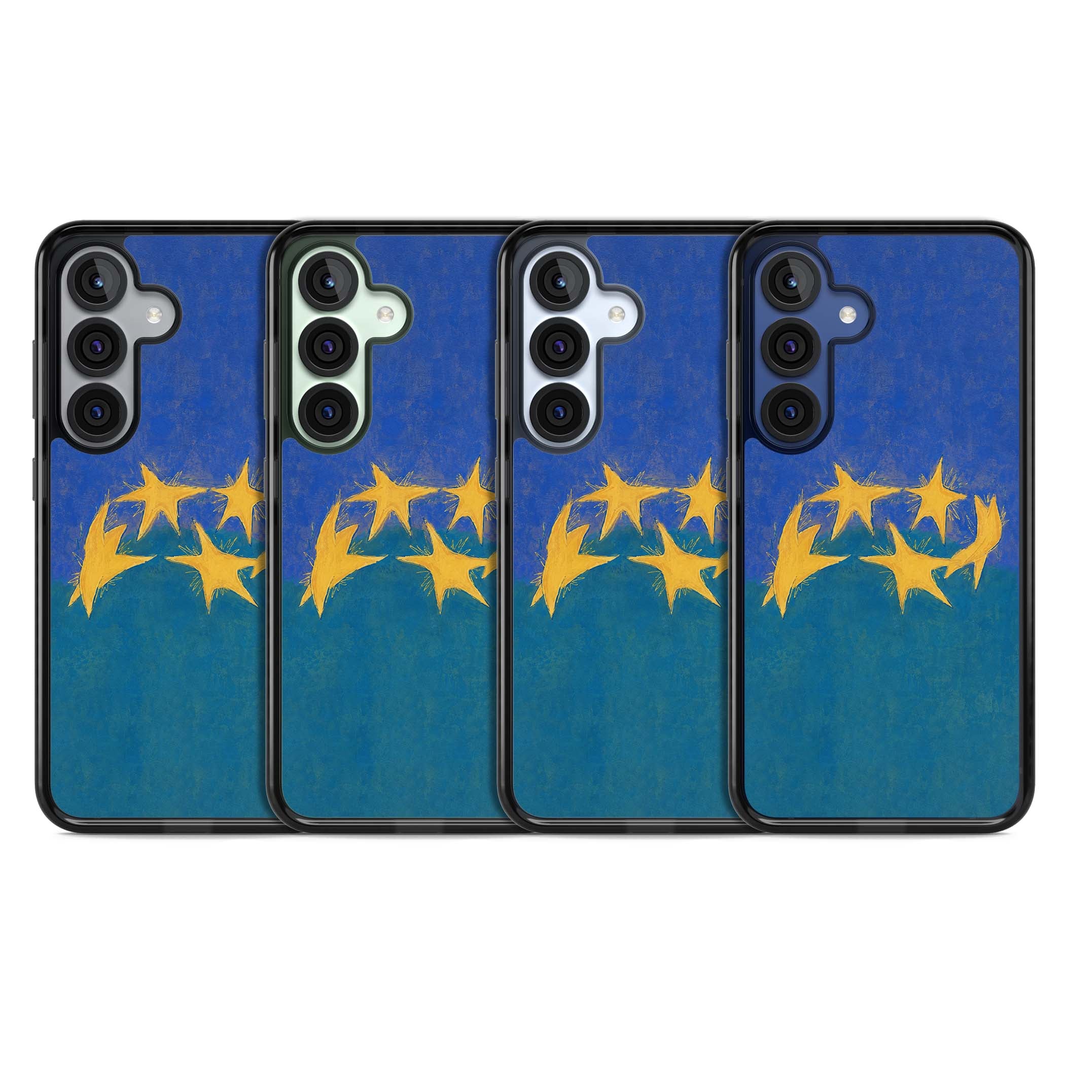 Star Boogie stars aesthetic iPhone case featuring five yellow hand-painted stars on cobalt blue and teal | Black Impact case for Samsung Galaxy S25, Samsung Galaxy S25 Plus