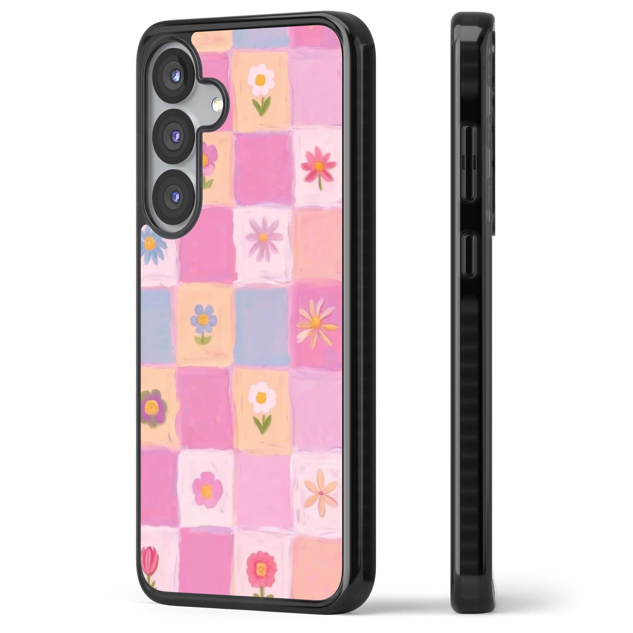 Pastel Flower Patchwork cottagecore iPhone case featuring painted pink and lilac squares with daisies and wildflowers | Black Impact case for Samsung Galaxy S25, Samsung Galaxy S25 Plus