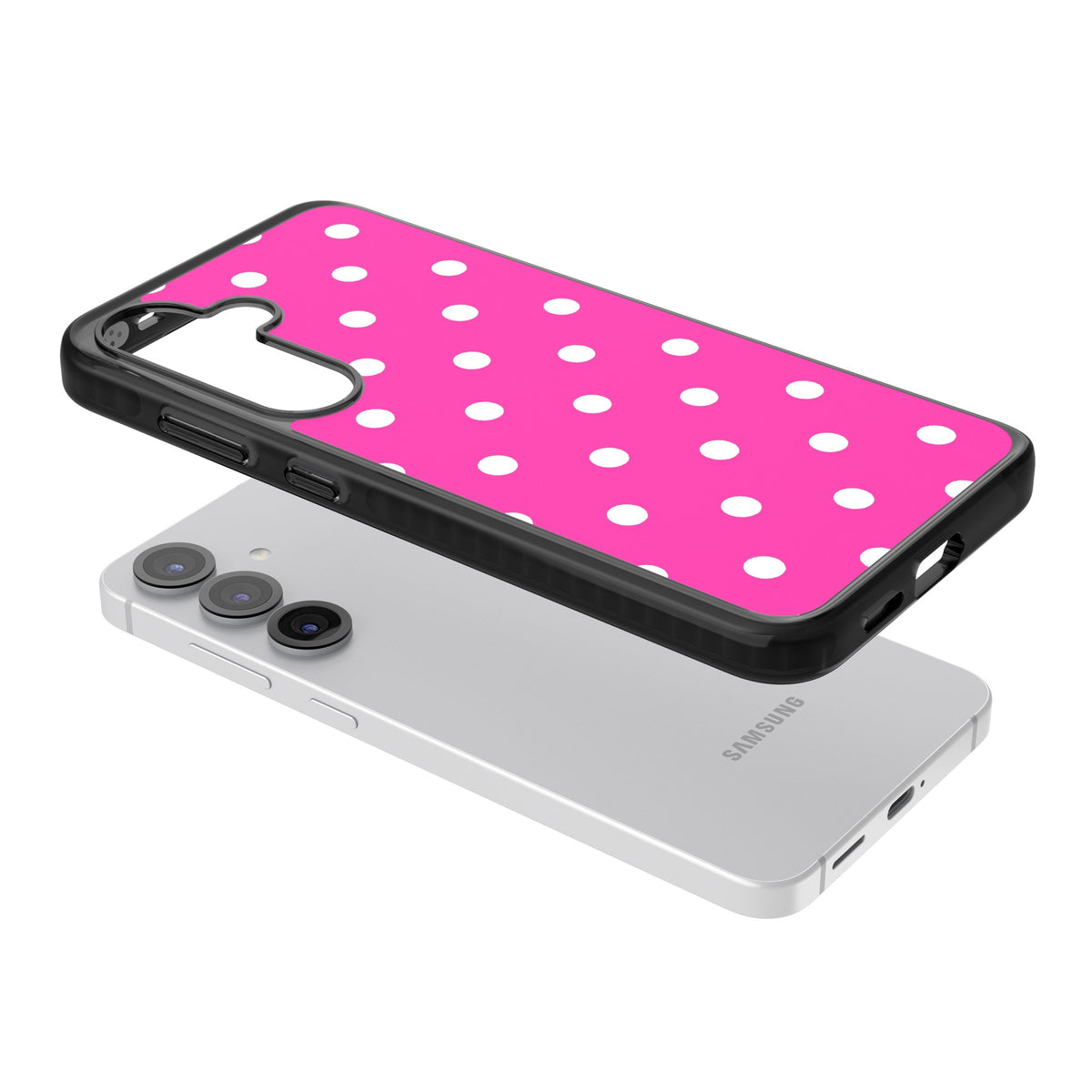 Pink Polka Dot Samsung S25 / Samsung S25 Plus / Samsung S26 / Samsung S26 Plus Impact Black Phone Case angled