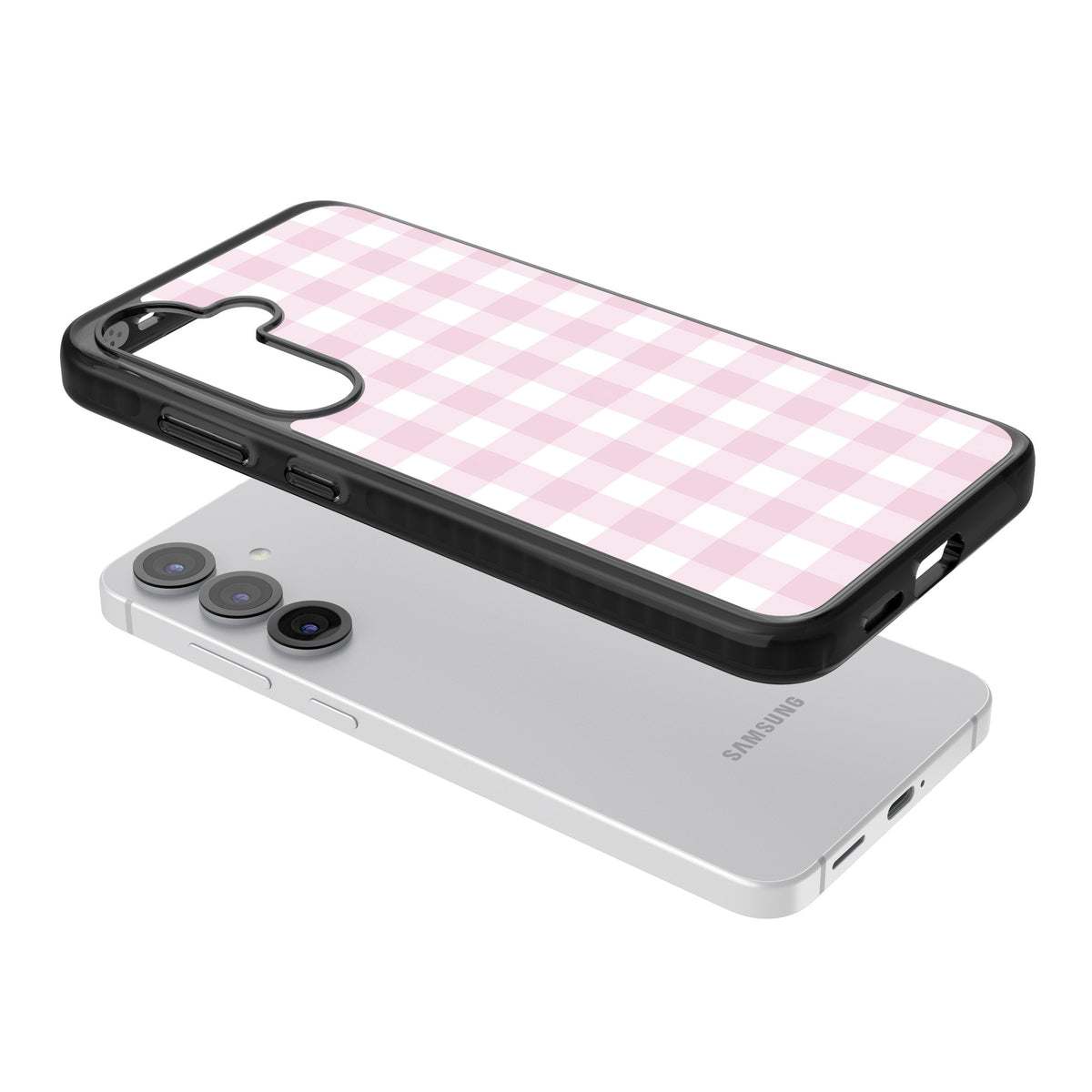 Pink Gingham Samsung S25 / Samsung S25 Plus / Samsung S26 / Samsung S26 Plus Impact Black Phone Case angled