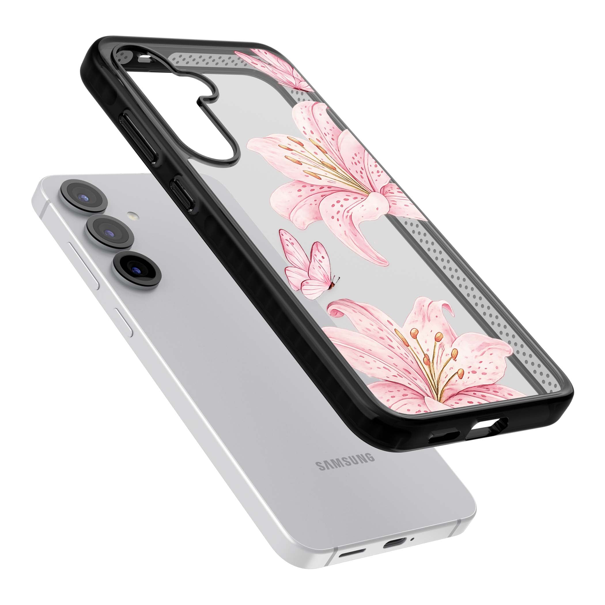 Lily Whisper floral iPhone case featuring pink watercolour lilies and delicate butterflies on a clear background | Black Impact case for Samsung Galaxy S25, Samsung Galaxy S25 Plus