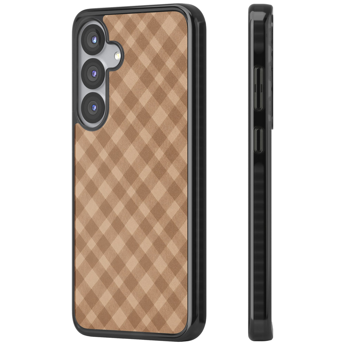 Beige Gingham cottagecore iPhone case featuring diagonal brown gingham checks in soft beige and toffee tones Samsung S25 / Samsung S25 Plus / Samsung S26 / Samsung S26 Plus Impact Black Phone Case side