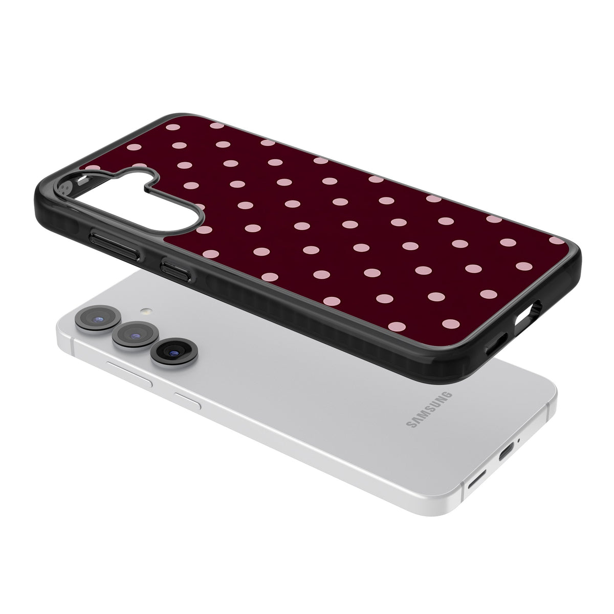 Merlot Dots polka dot iPhone case featuring dusty pink spots on a deep burgundy background in a retro grid Samsung S25 / Samsung S25 Plus / Samsung S26 / Samsung S26 Plus Impact Black Phone Case angled