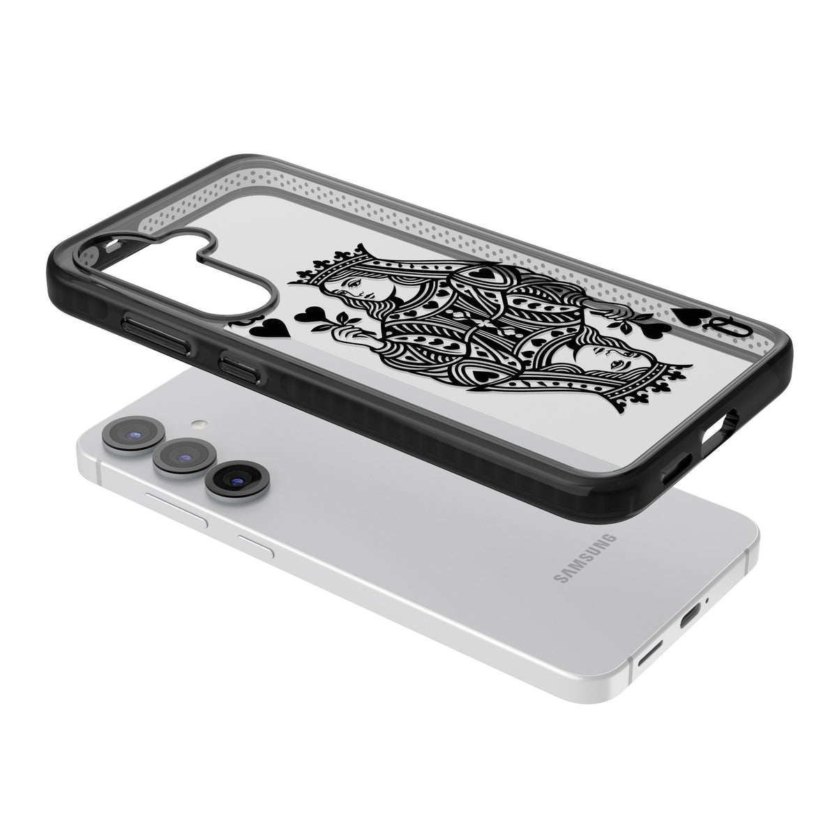 Queen Of Hearts (Black) Samsung S25 / Samsung S25 Plus / Samsung S26 / Samsung S26 Plus Impact Black Phone Case angled