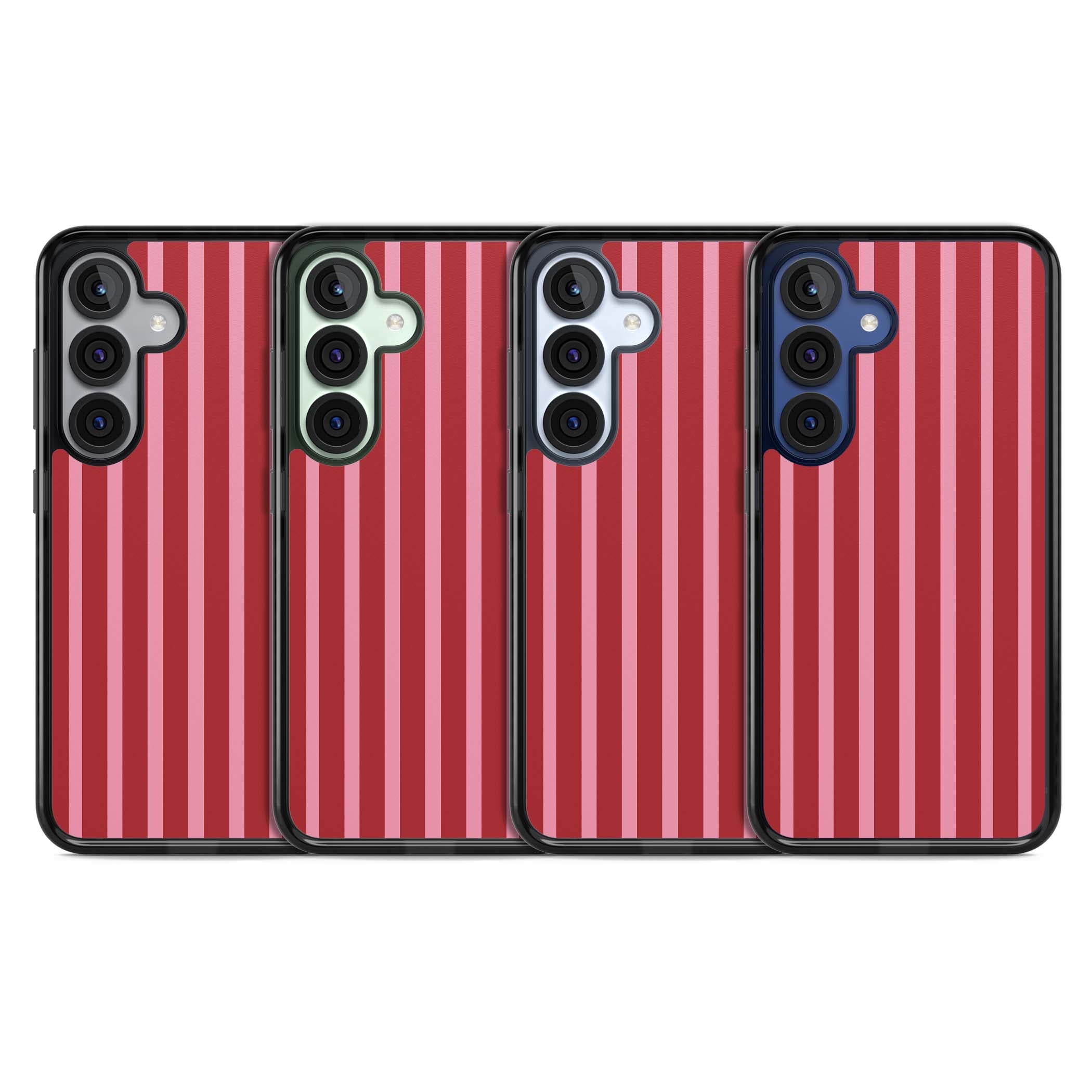 Raspberry Stripe coquette iPhone case featuring red and pink vertical stripes in a candy-inspired pattern | Black Impact case for Samsung Galaxy S25, Samsung Galaxy S25 Plus