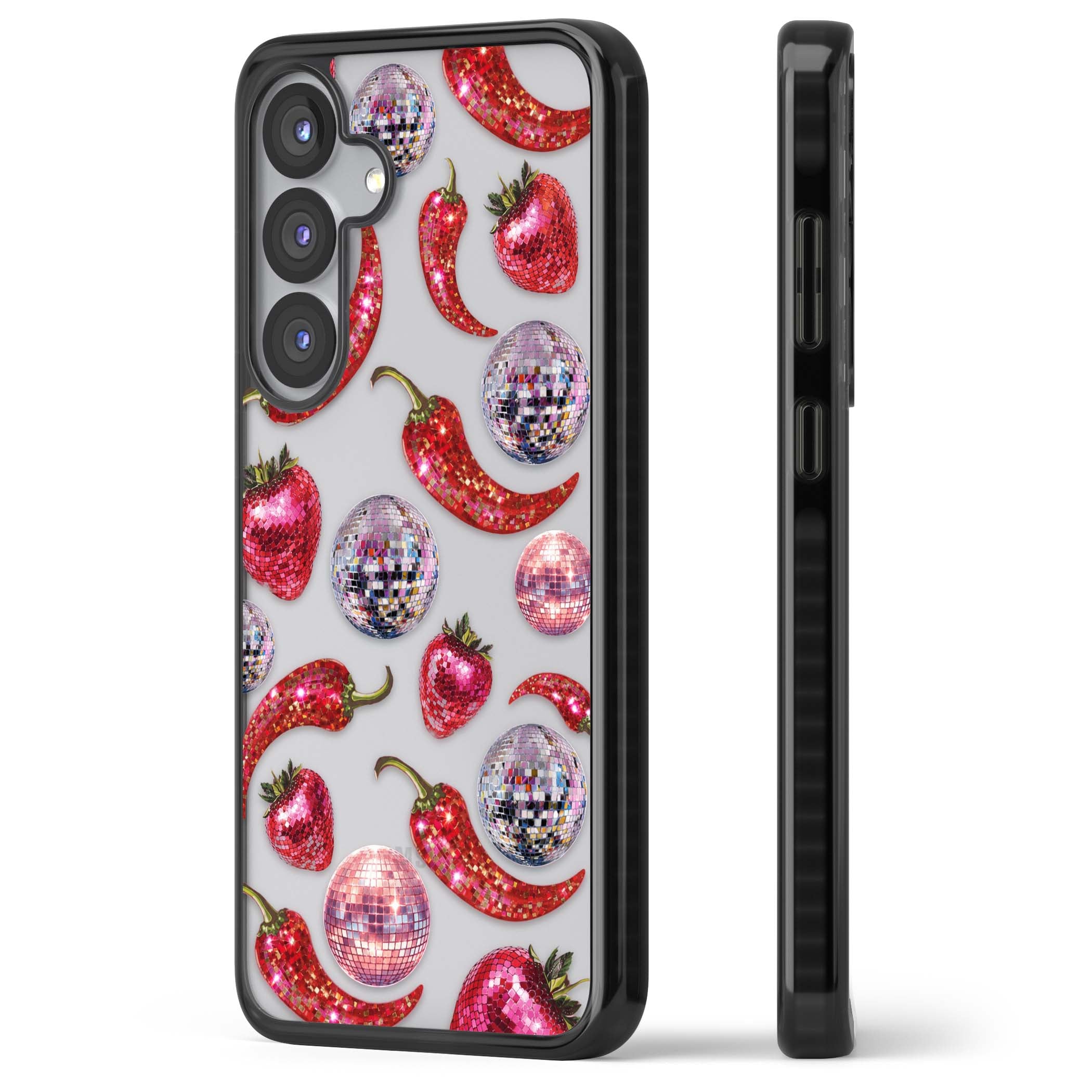 Spicy Disco Y2K iPhone case featuring glitter disco balls, sparkly strawberries and red chilli peppers | Black Impact case for Samsung Galaxy S25, Samsung Galaxy S25 Plus