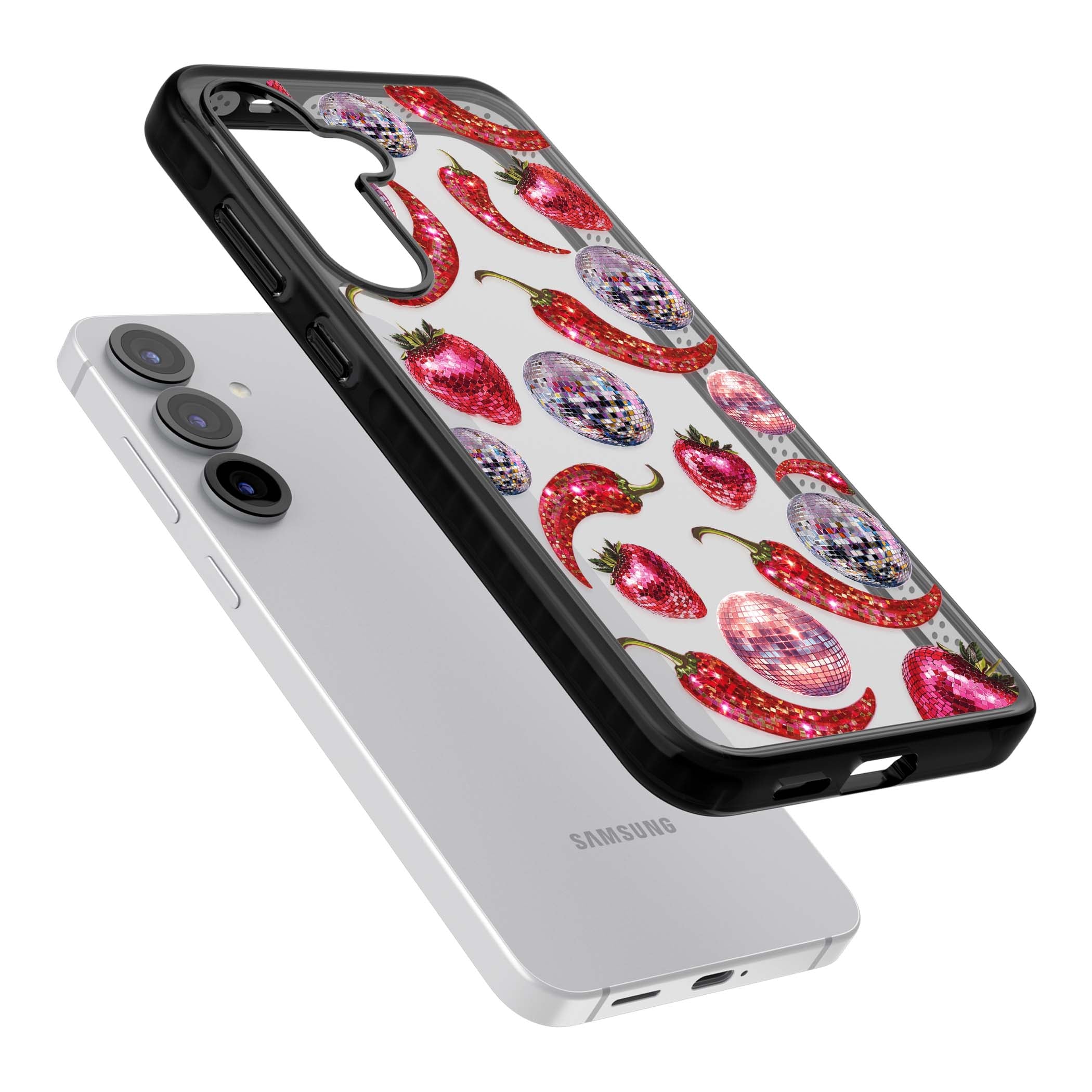 Spicy Disco Y2K iPhone case featuring glitter disco balls, sparkly strawberries and red chilli peppers | Black Impact case for Samsung Galaxy S25, Samsung Galaxy S25 Plus