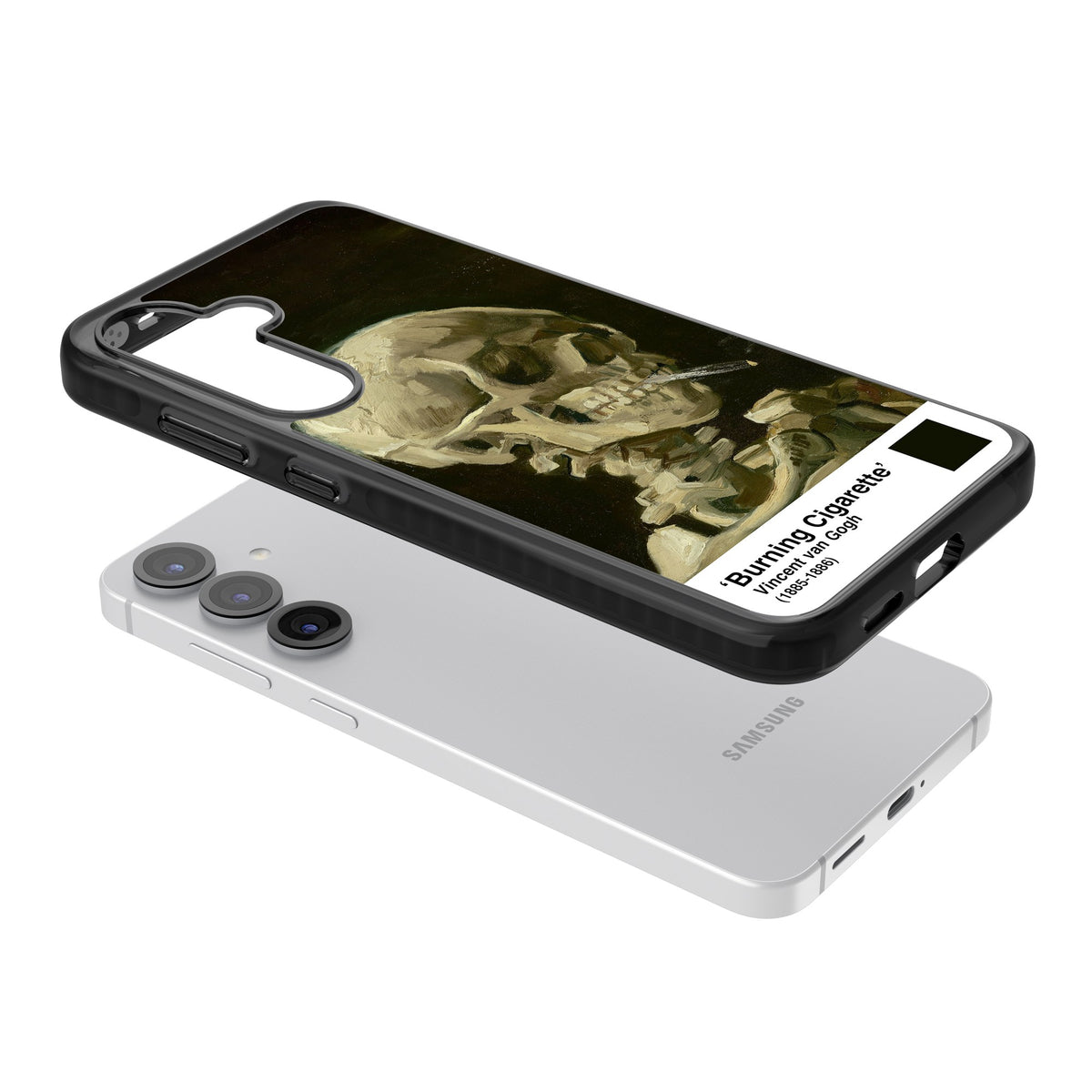 Skull Of A Skeleton With Burning Cigarette Samsung S25 / Samsung S25 Plus / Samsung S26 / Samsung S26 Plus Impact Black Phone Case angled