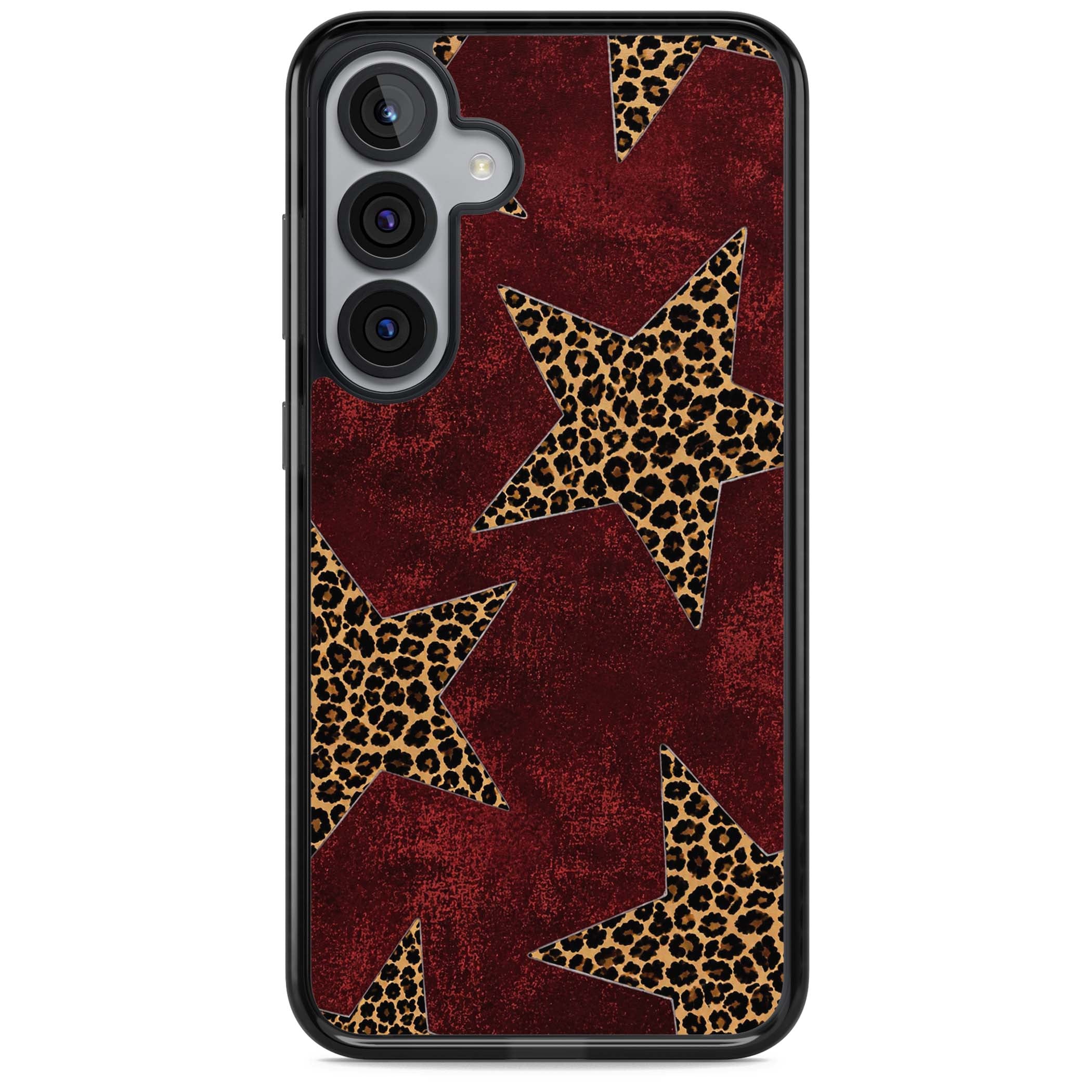 Showgirl leopard print iPhone case featuring cheetah print stars on distressed red grunge background | Black Impact case for Samsung Galaxy S25, Samsung Galaxy S25 Plus