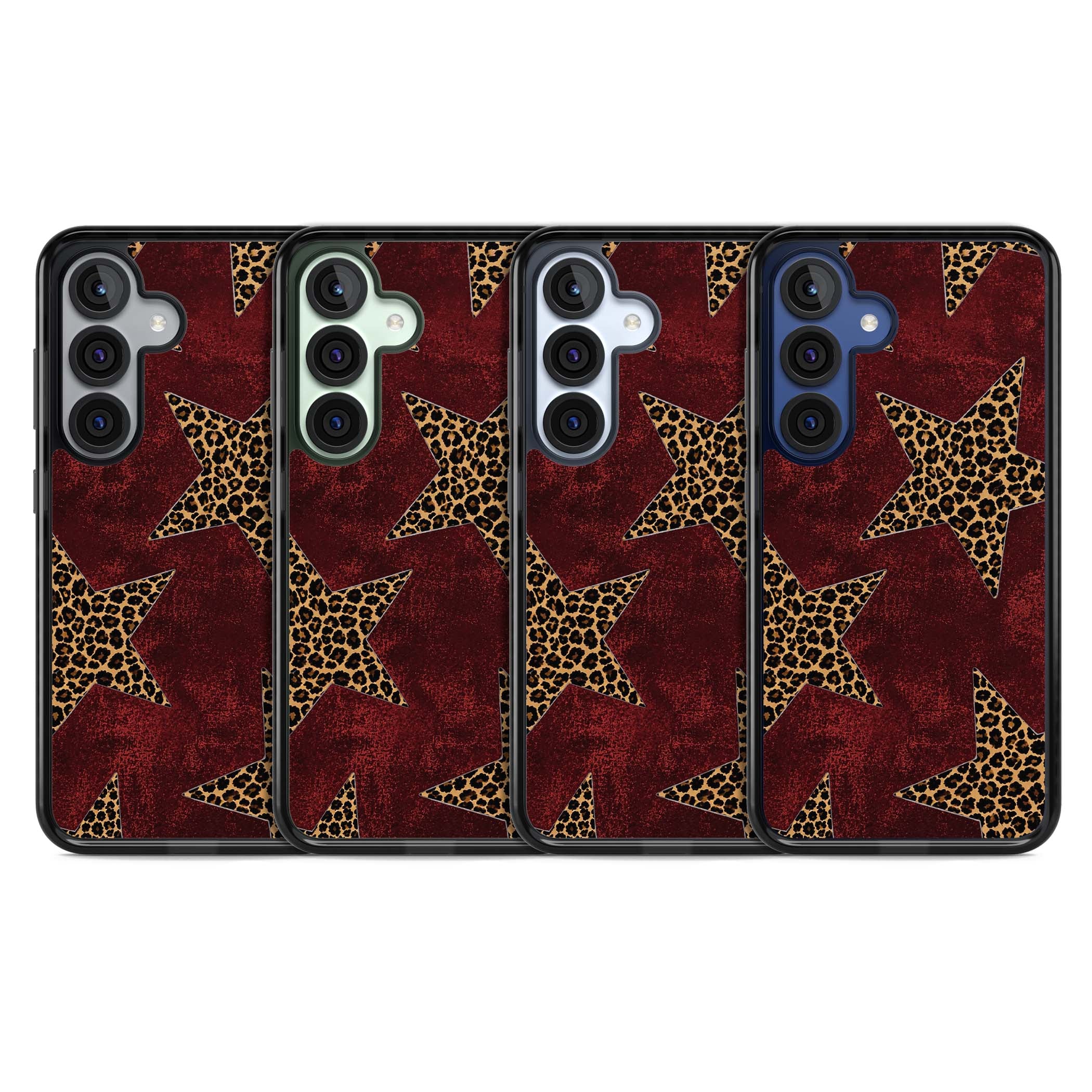 Showgirl leopard print iPhone case featuring cheetah print stars on distressed red grunge background | Black Impact case for Samsung Galaxy S25, Samsung Galaxy S25 Plus