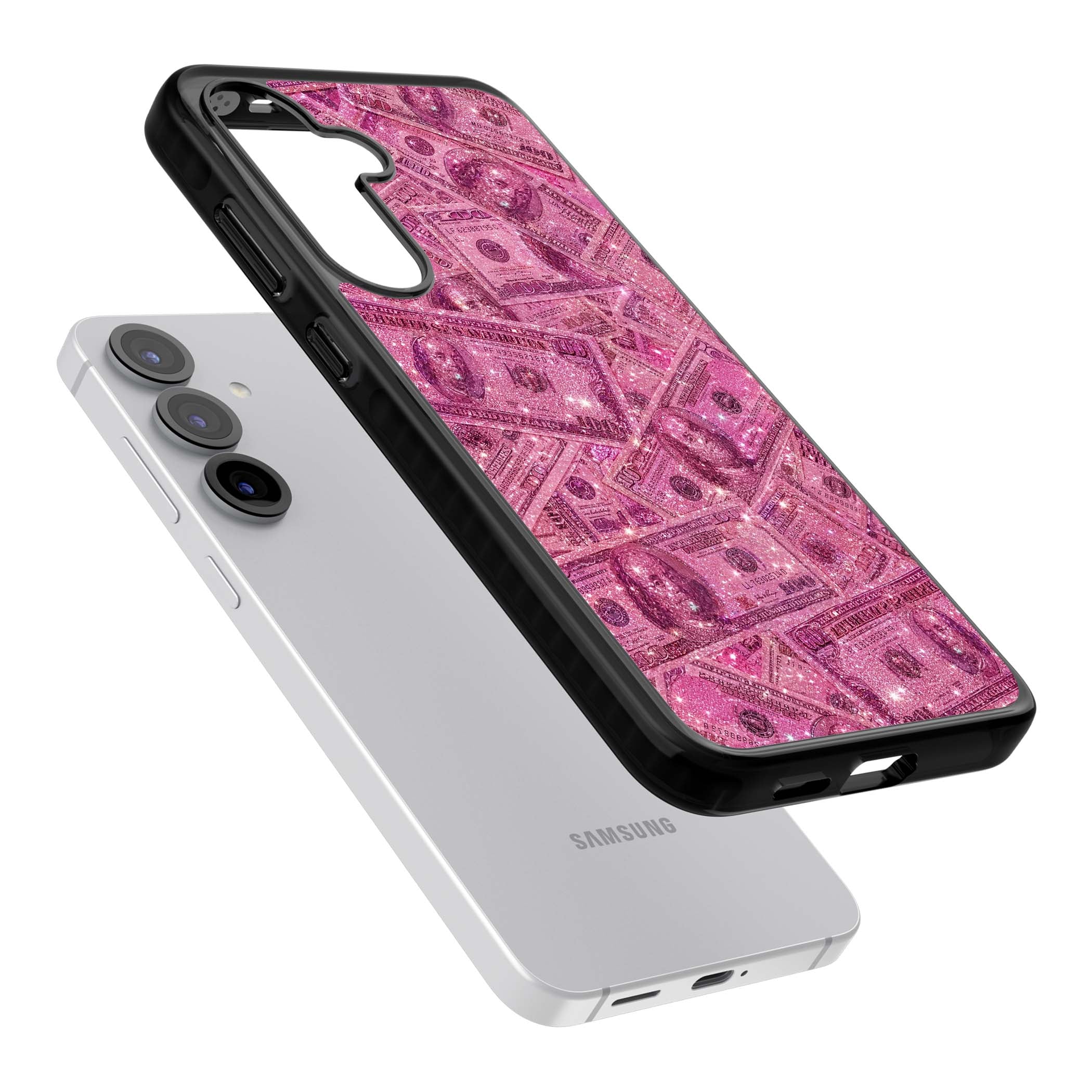 Glamorous baddie iPhone case featuring pink glitter hundred dollar bills and sparkling money wallpaper design | Black Impact case for Samsung Galaxy S25, Samsung Galaxy S25 Plus