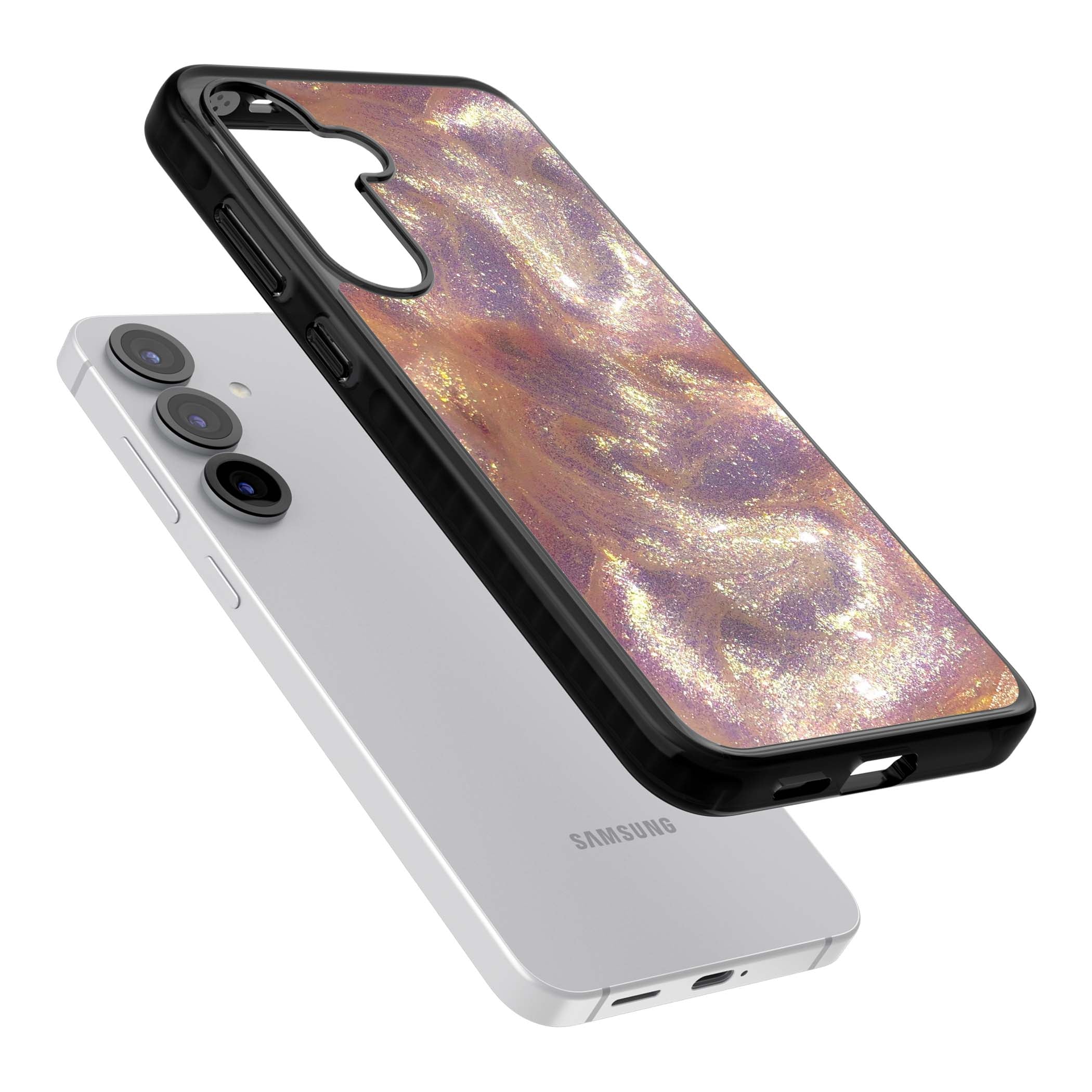 Shimmer marble iPhone case featuring rose gold glitter swirls, lilac shimmer and iridescent pearl finish | Black Impact case for Samsung Galaxy S25, Samsung Galaxy S25 Plus