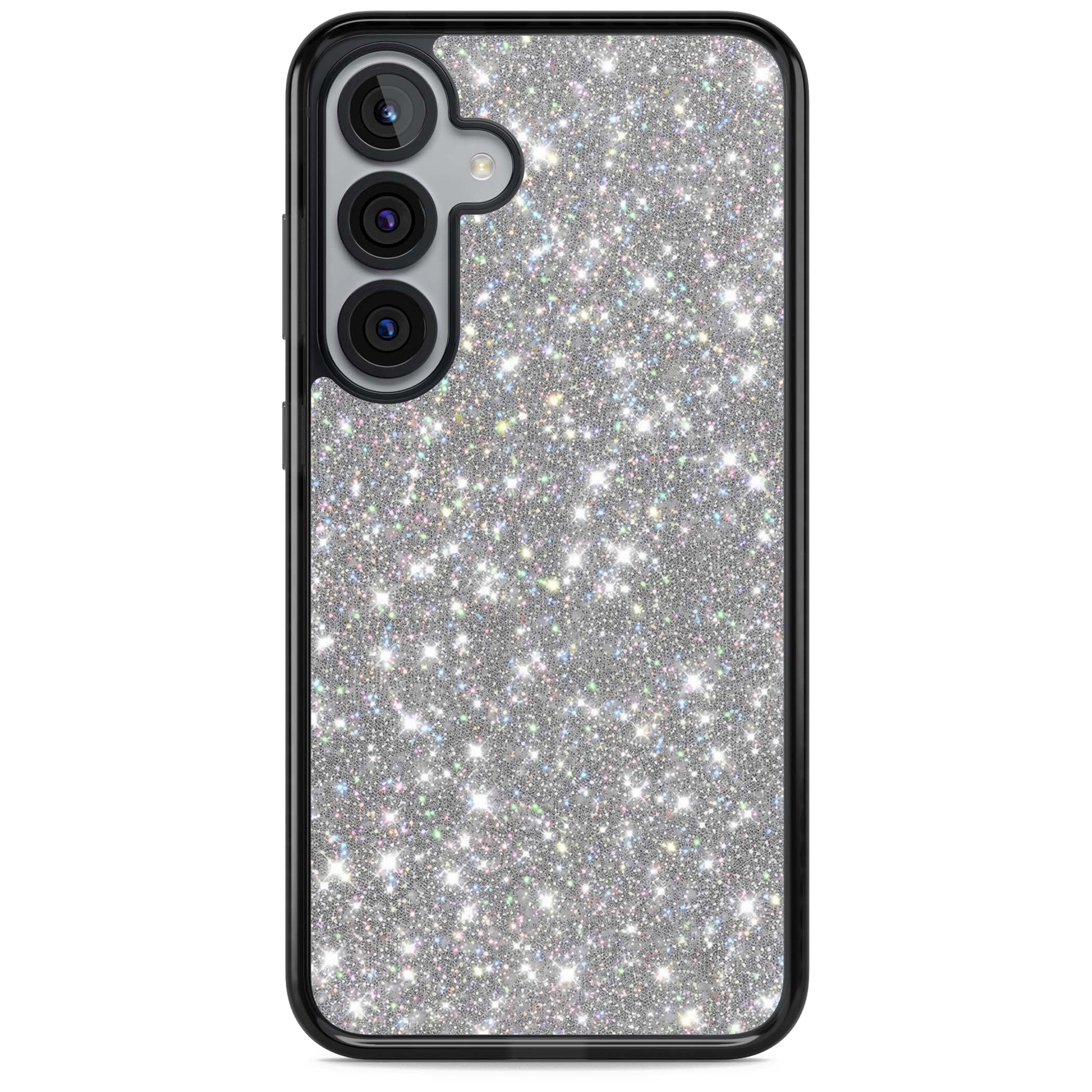 Diamond glam iPhone case featuring silver glitter sparkle and shimmering diamond dust effect | Black Impact case for Samsung Galaxy S25, Samsung Galaxy S25 Plus